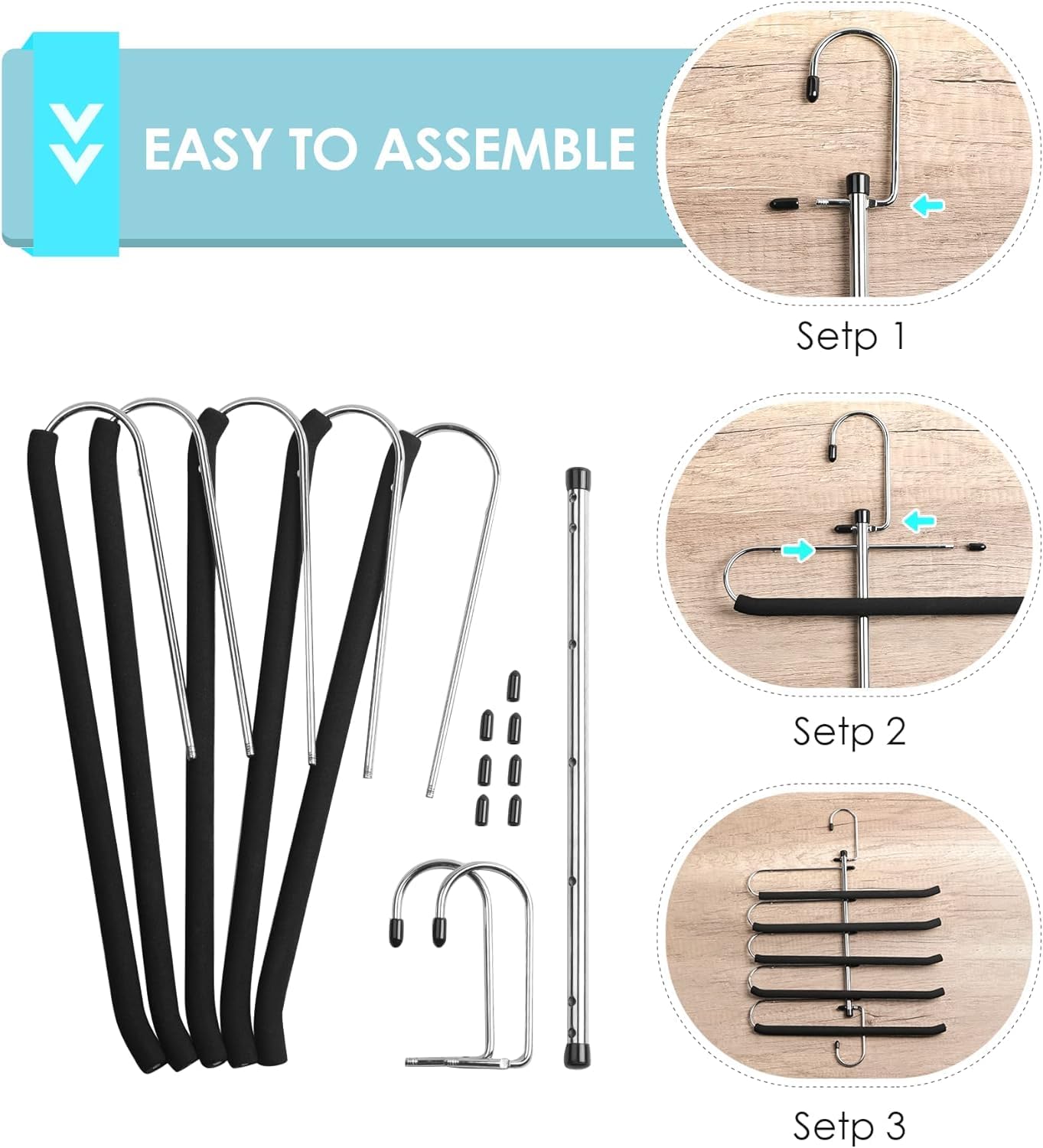 Paquete de 3 perchas para pantalones que ahorran espacio, perchas antideslizantes mejoradas con brazos oscilantes acolchados de espuma, organizador de armario de múltiples capas y almacenamiento para