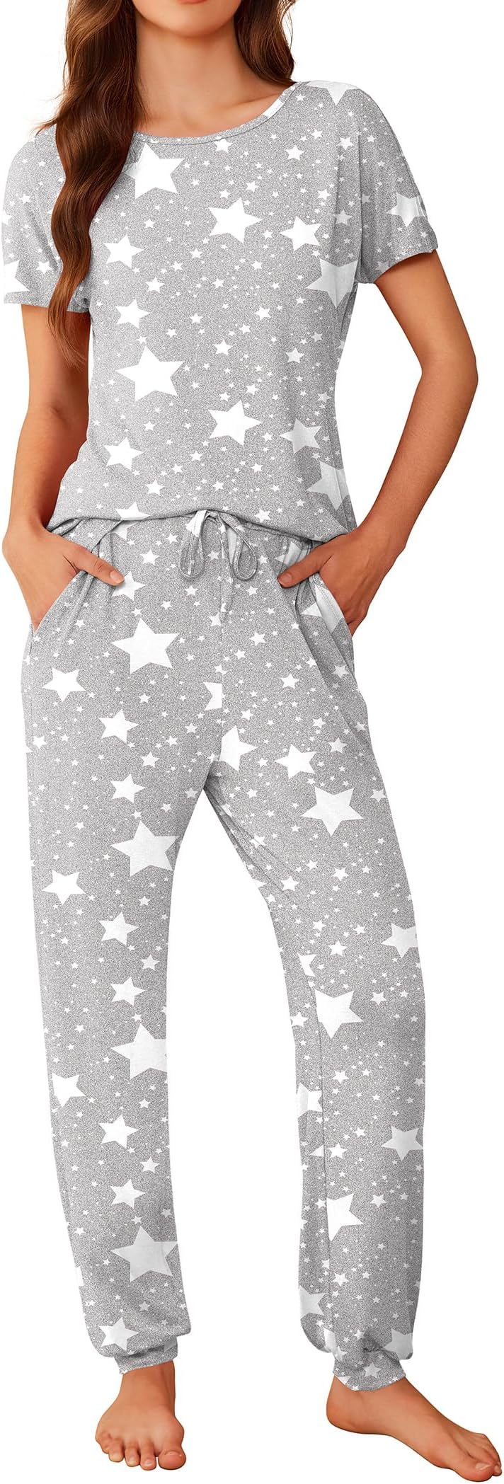 Womens Pyjamas Set Short Sleeve Cute Printed Long Pants 2 Piece PJ Sets Loungewear Sleepwear with Pockets, Pink, L