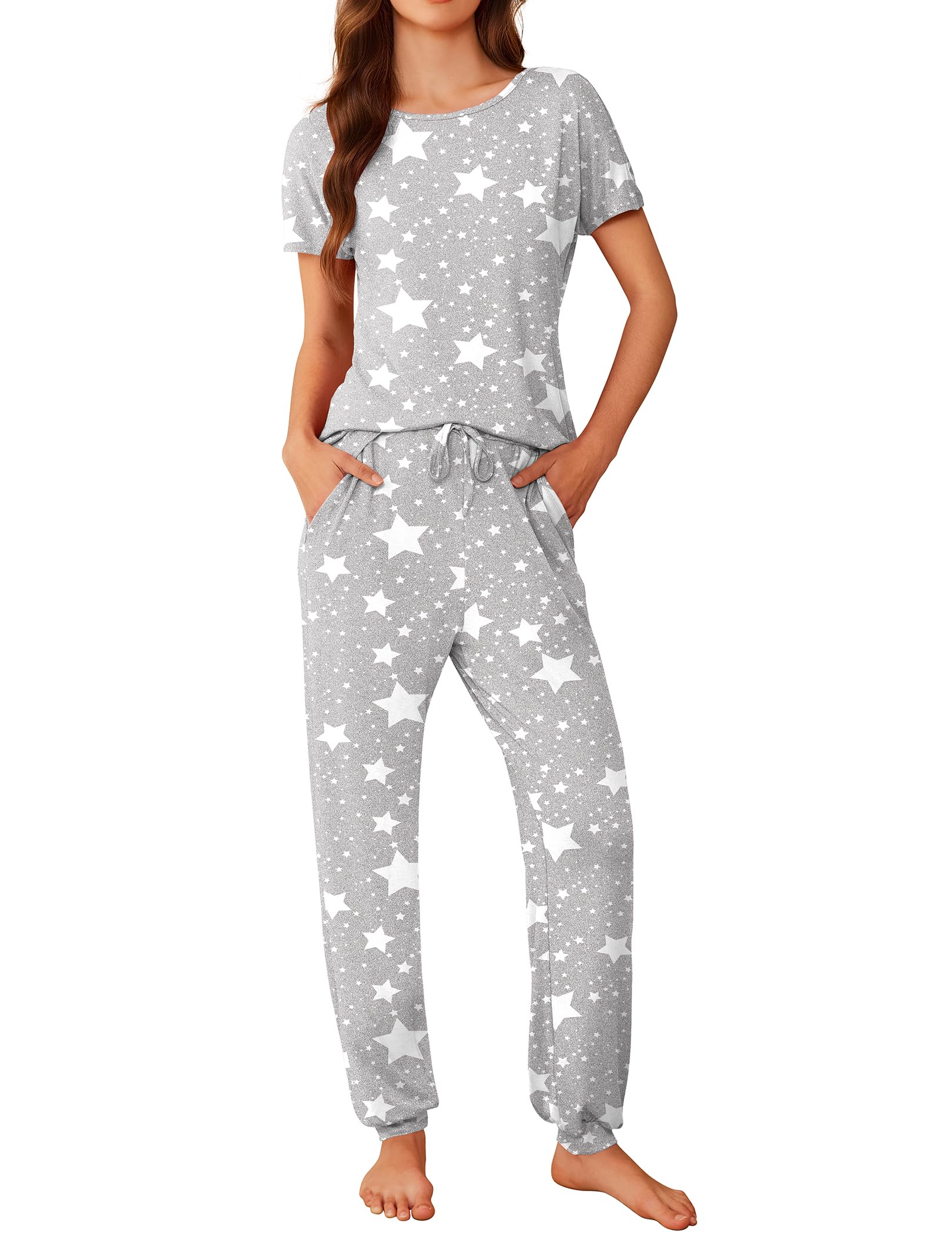 Ekouaer Schlafanzug Damen Kurzarm Süß Print Pyjama Set Sommer Sleepwear Zweiteiliger Nachtwäsche mit Taschen
