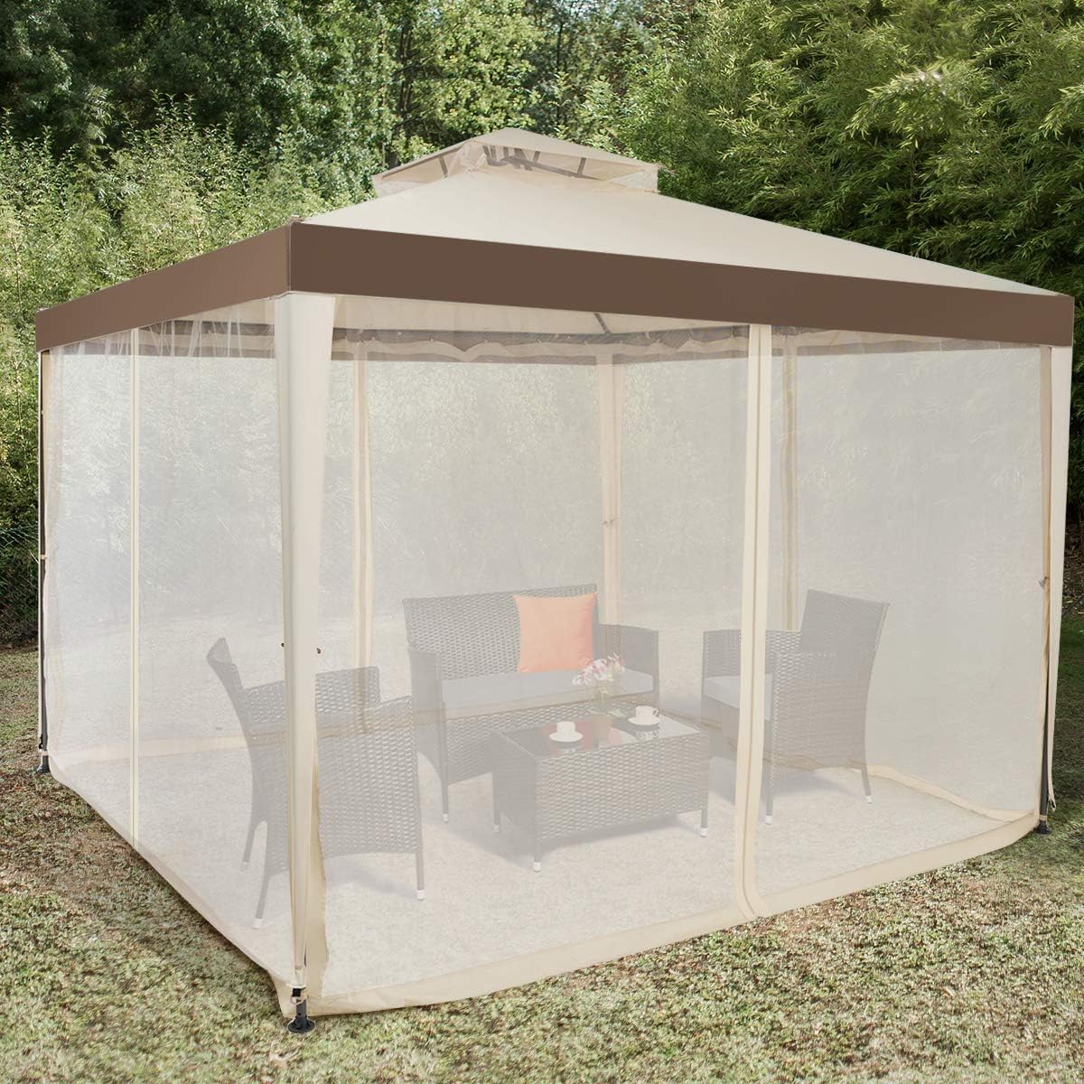 GOPLUS Carpa Plegable 3 X 3 M con Doble Techo, Pabellón Gazebo de Jardín Impermeable con 4 Mosquiteras Transparente, Cenador Metálica para Exterior Terraza,Camping (Beige)