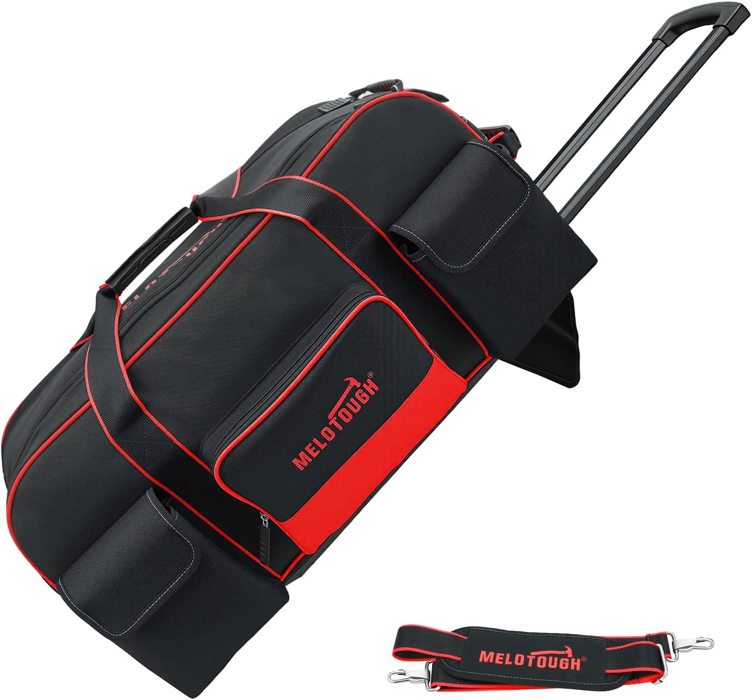 MELOTOUGH Rolling Tool Bag with Wheels,Large Capacity Tool Bag Organizer with Concealed Telescoping Handle for Electrician,Construction,HVAC,Technician (Red/Black)