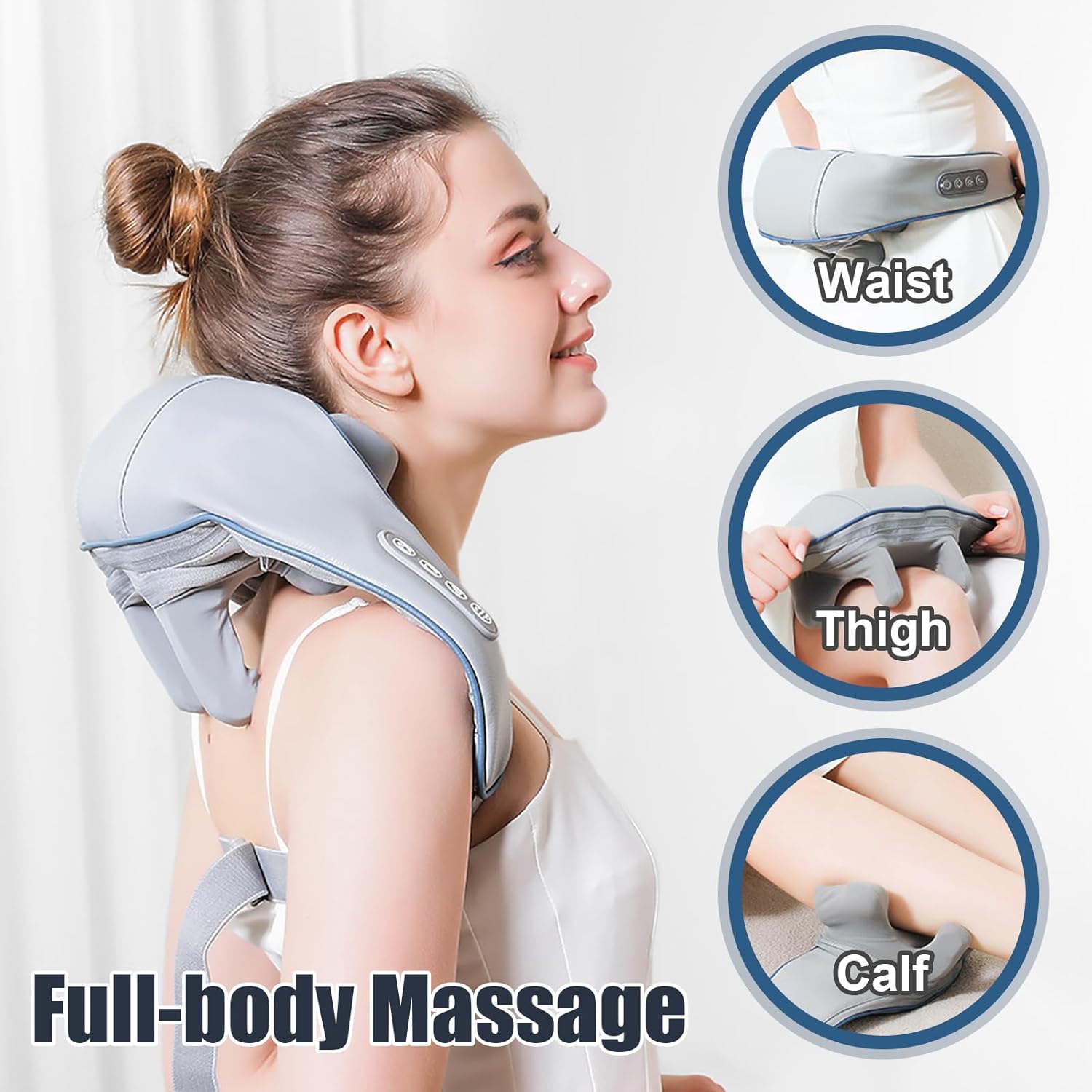Woman using massager on neck, with insets showing use on waist, thigh, and calf
