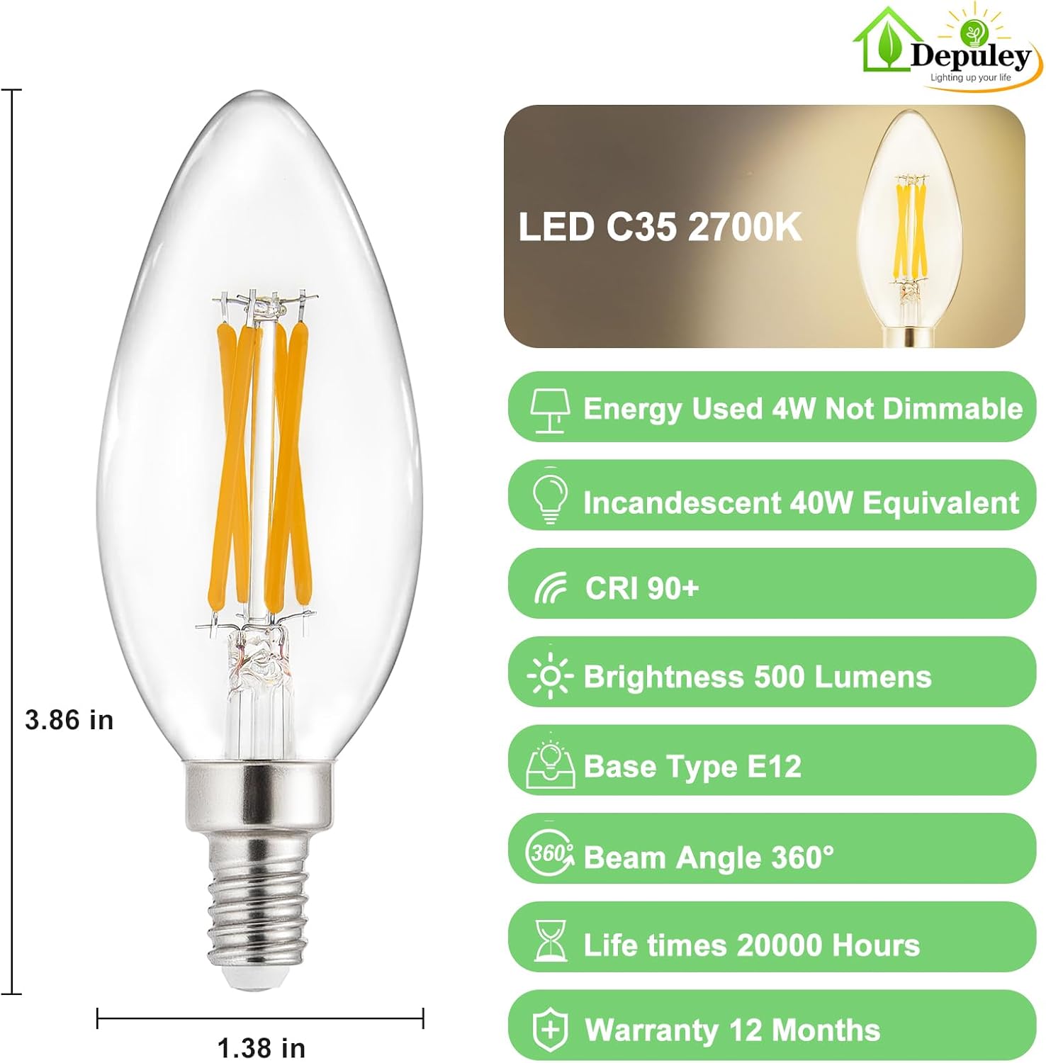 Depuley LED Light Bulbs E12: Candelabra Candle Light Bulb 4W Equivalent 40W Incandescent - LED Chandelier Light Bulbs 2700K Soft White - C35 Clear Filament Bulb E12 Base 500 LM 90+ CRI 12 Pack