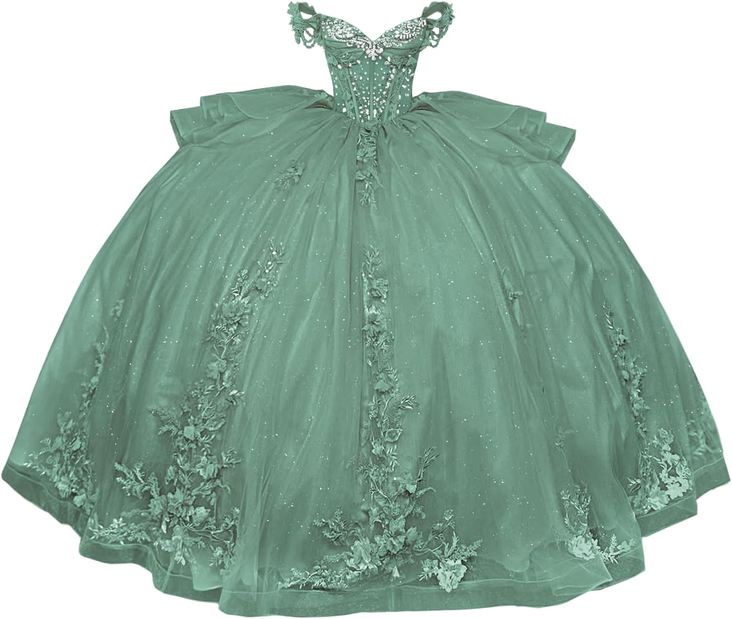 Mouccy Sparkly Lace Quinceanera Dresses with Tassels 3D Floral Bead Sweet 16 Dress with Ruffles Puffy Tulle Party Ball Gown