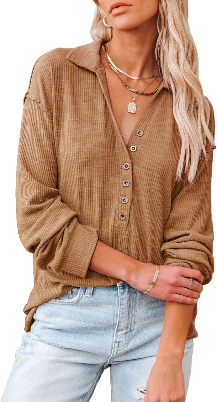 BTFBM Women Casual Button Up V Neck Blouses Long Sleeves Solid Color Stand Collar Knitted Tops Cute Relaxed Fit Shirts at  Women’s Clothing store