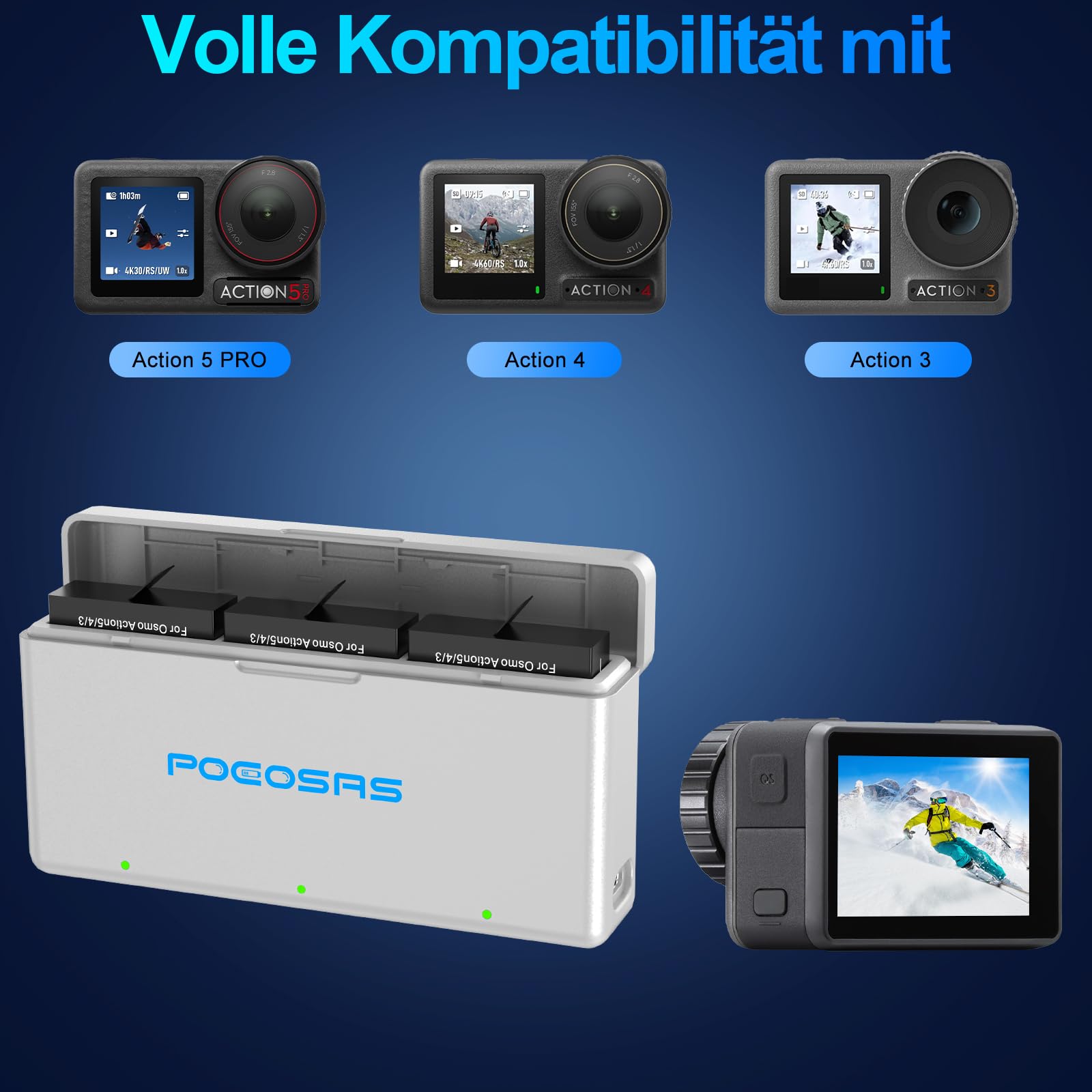 Osmo Action6/5 Pro/4/3 Akku Ladegerät Set, 2100mAh 2er Pack Akku und 3 Kanal Schnellladegerät-Hub, kompatibel mit DJI OSMO Action 6, OSMO Action 5 Pro, Osmo Action 4, Osmo Action 3 Kamera