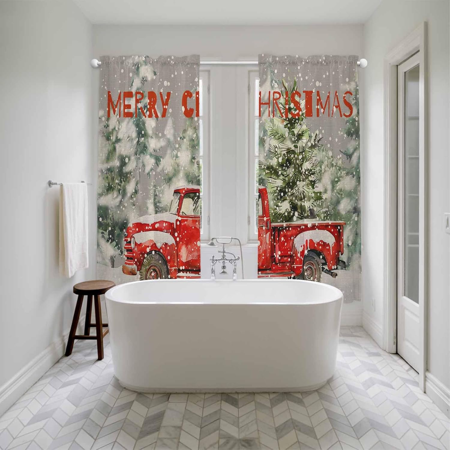 Grey Christmas Window Curtains 72 Inch Long 2 Panel Set, Rod Pocket Long Curtains & Drapes, Red Truck Xmas Tree Snowflake Light Filtering Window Treatment for Bedroom Living Room 52"W x 72"L