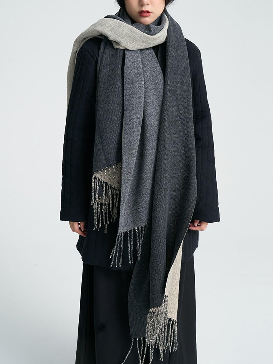 Women Men Winter Scarves Soft Warm Fashion Tassel Edge Color Block Design Cold Weather Oversized Wrap Scarf