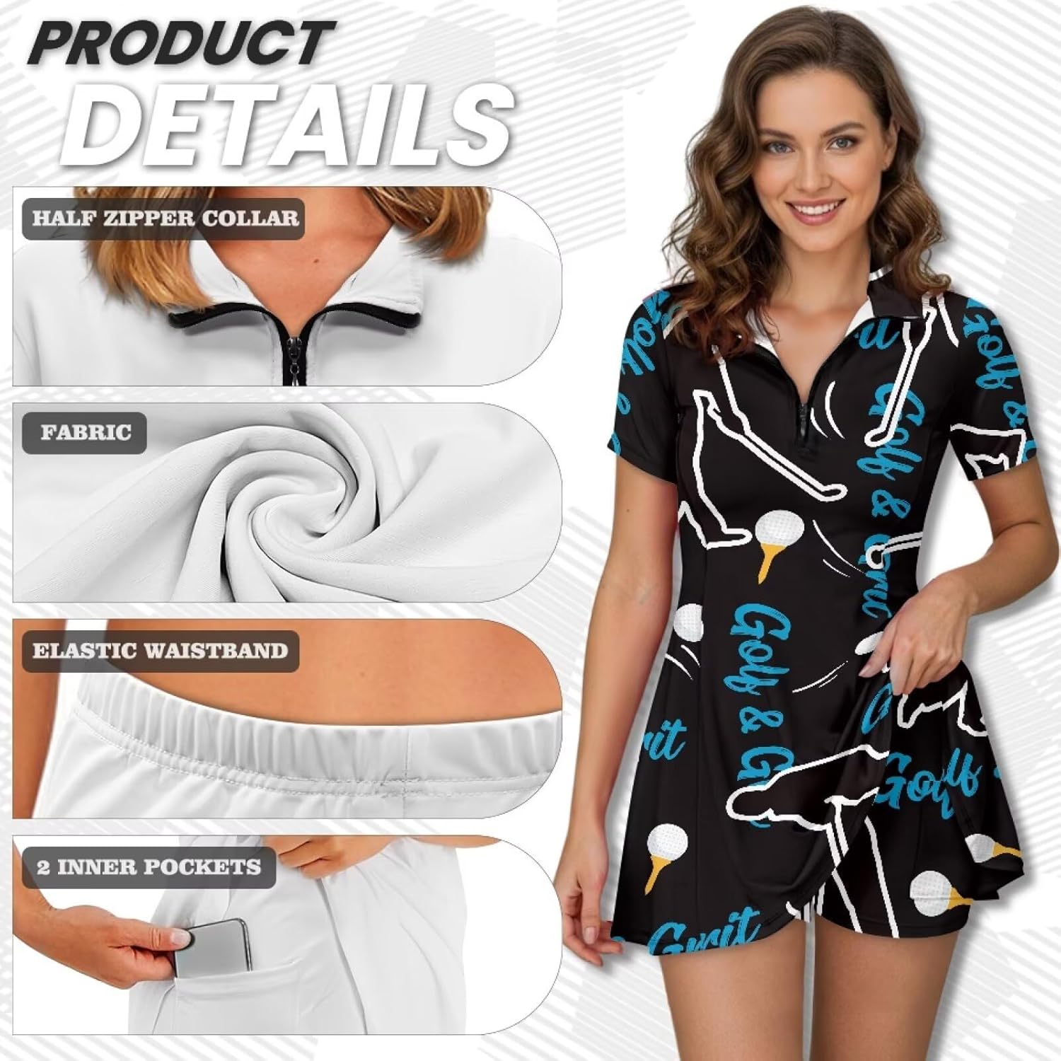 Collared Tennis Dress with Shorts and Pockets Short Sleeve Half Zip Athletic Workout Dress for Women Plus Size