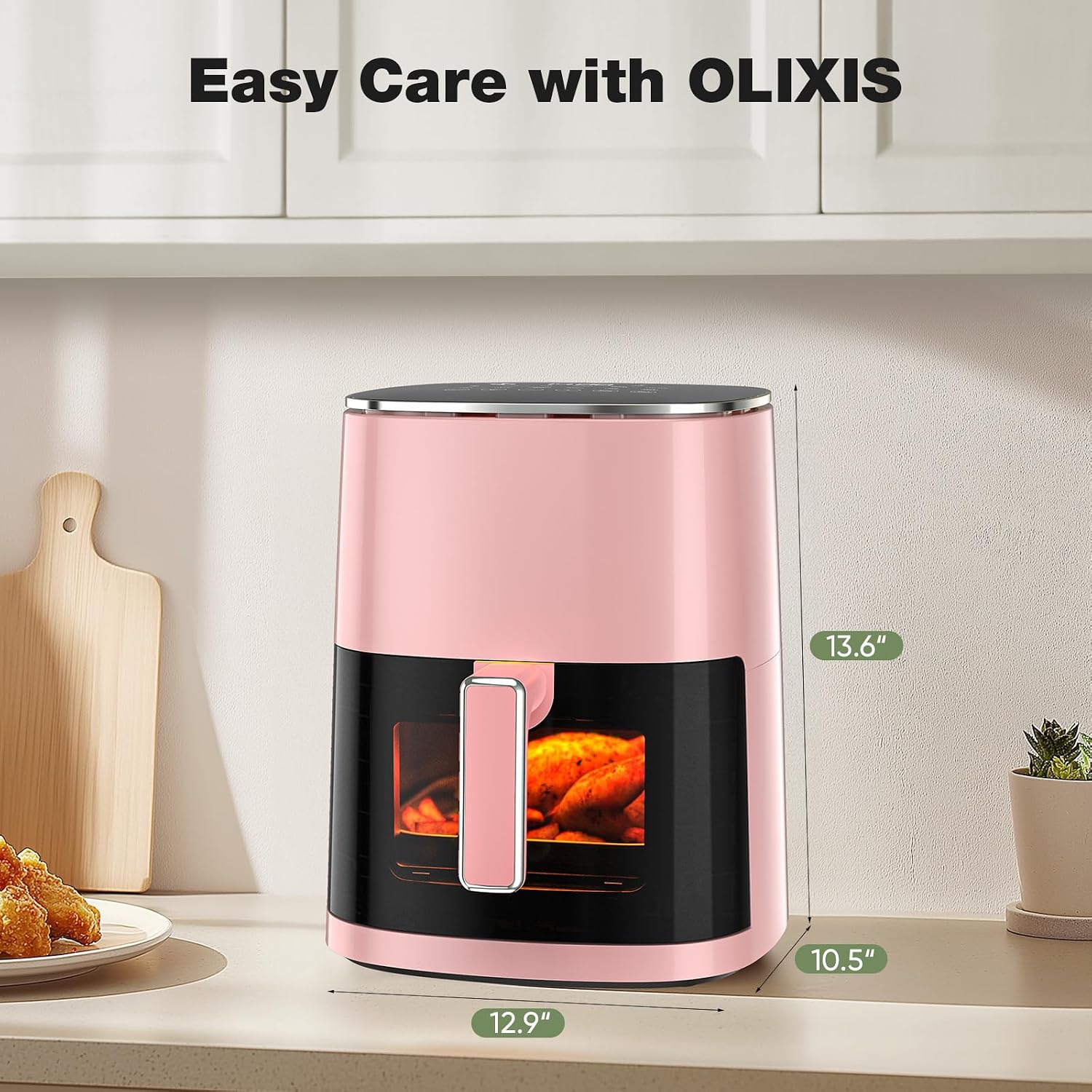 (as is) olixis air fryer 6 quart with window square airfryer 12-in-1 air frys, roast, reheat, dehydrate, bake, steam, fries, custard, chicken, wings, sea food, vegetabels,400f, white pink 6qt