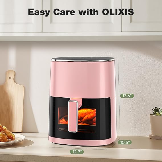 OLIXIS 12-in-1 Air Fryer 6.34 Quarts, Visable Airfryer with Window, 400F, Roast, Reheat, Dehydrate, Bake, Steam, Fries, Custard, Chicken, Wings, Sea Food, Vegetabels, Fairy Pink