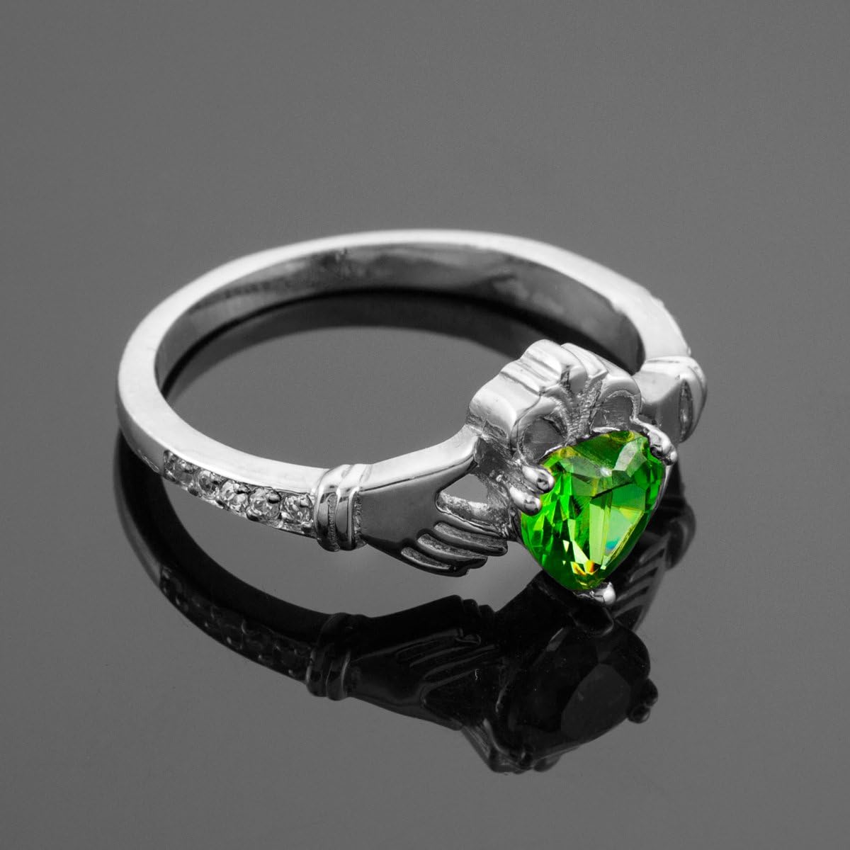 14k White Gold Green Heart CZ May Birthstone Claddagh Ring with Natural Diamonds