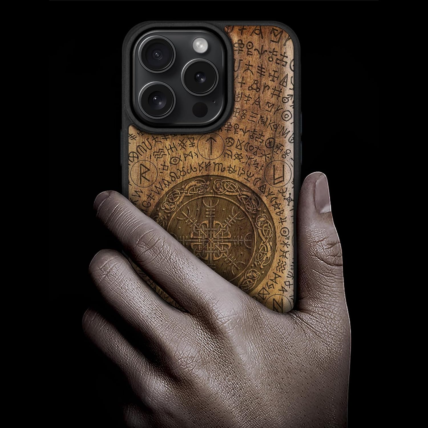 Carveit Magnetic Wooden Case for iPhone 16 Pro Case, Wood Artisan Engraved & Black Soft TPU Shockproof Cover, Compatible with MagSafe Wireless Chargers (Viking Symbol) Walnut