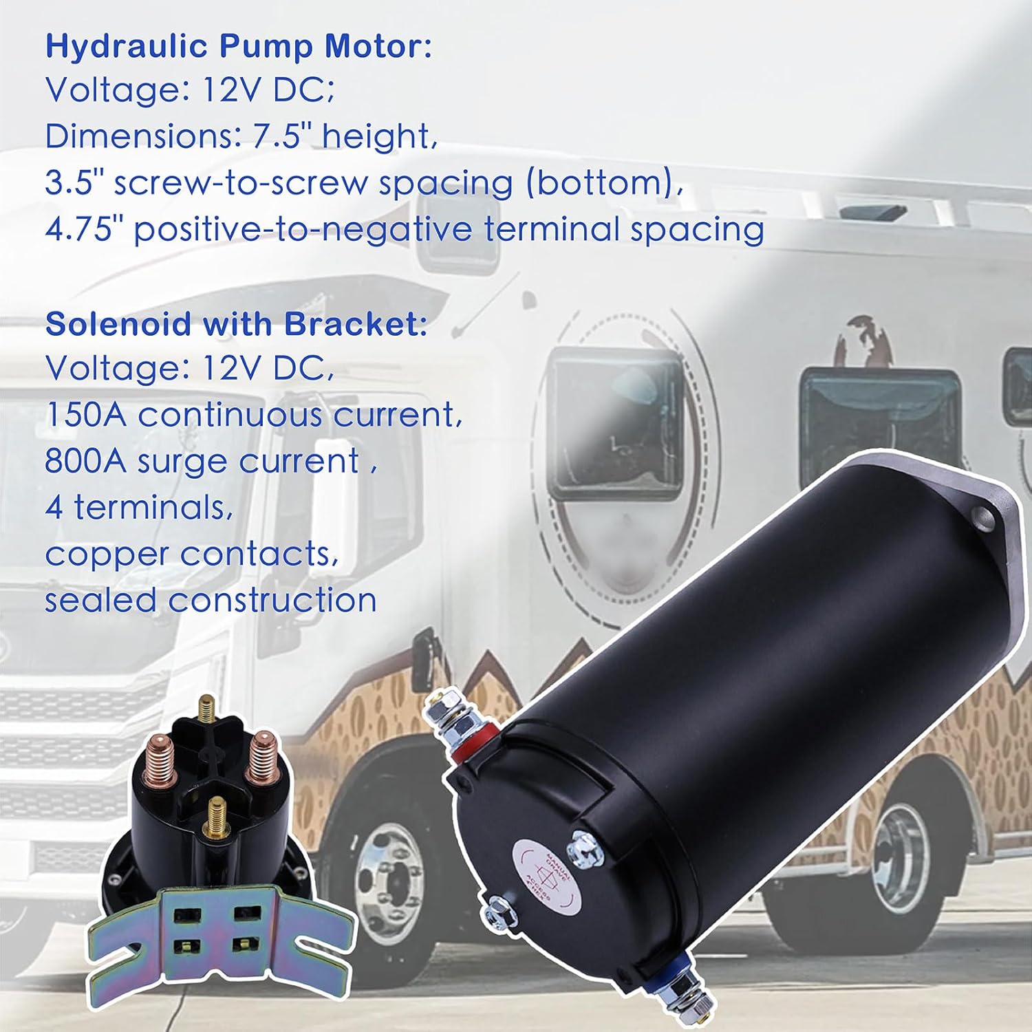 Hydraulic Power RV Leveling System Kit,179327/414850 Hydraulic Pump Motor (with Manual Drive) & 684-1211-212 Solenoid (with Bracket),Without Sealed Collar Coupling