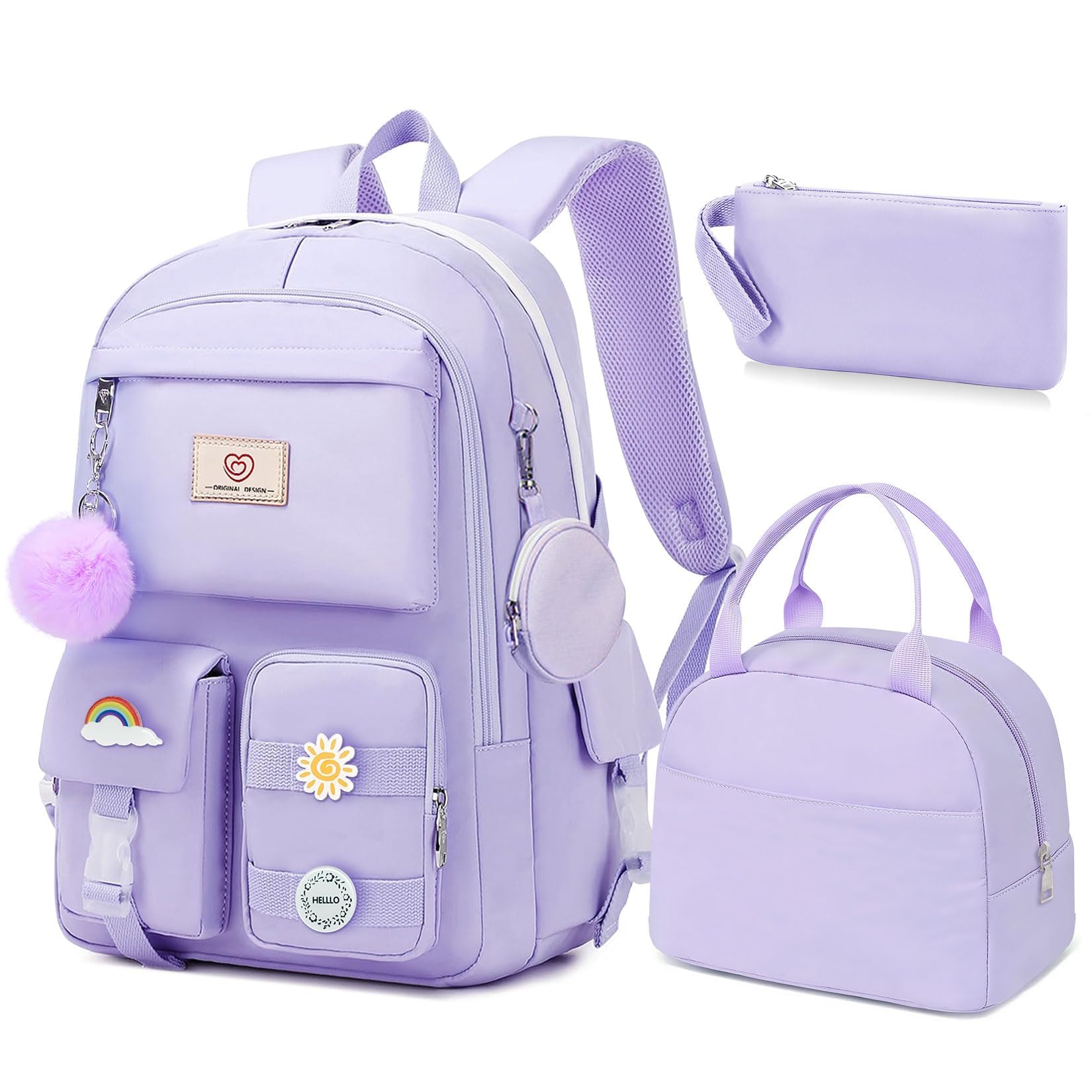 School Backpack For Girls - 6pcs Cute Girls Backpack With Lunch Box Set For Teens Women College Middle High School - 18″ School Bookbag Travel Back