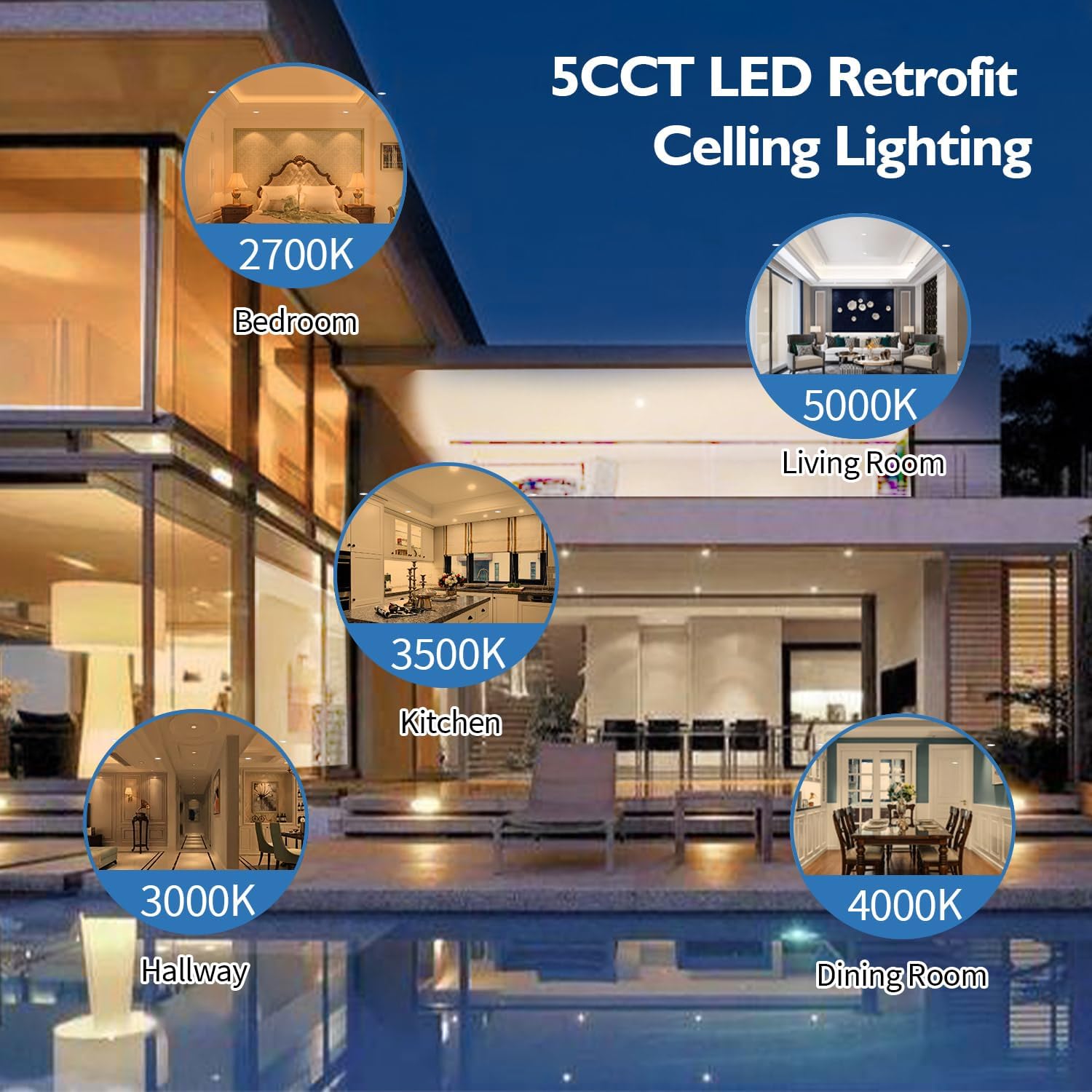 Jolux 6-Pack 5/6" 5CCT Retrofit LED Recessed Lighting,Selectable 2700K-5000K LED Retrofit Ceiling Lighting,12W=60W,800LM,Dimmable Adjustable Retrofit Downlight,E26 Base,Easy Installation,Bevel Trim