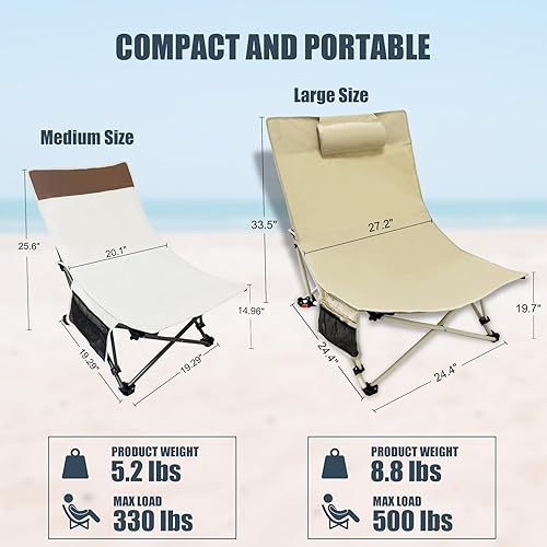 Miniatura 2 de Paquete de 2 sillas compactas de campamento con respaldo ajustable y bolsillo lateral, sillas plegables bajas para adultos, sillas reclinables