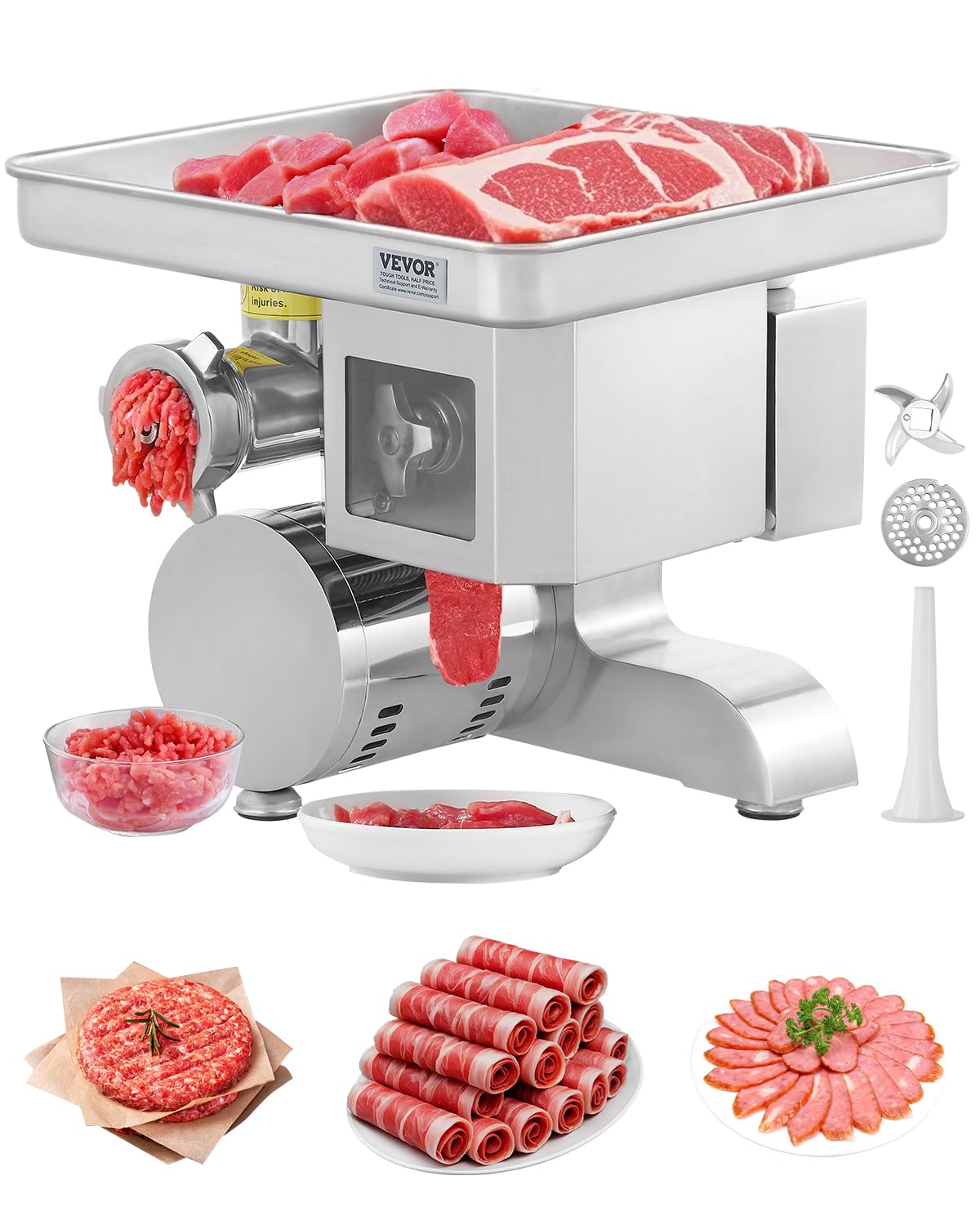 VEVOR Tritacarne Elettrico 4,98 kg/min Insaccatrice per Salsicce con Lama, Piastra di Macinazione, Macchina per Salsicce, Tritacarne Commerciale in Acciaio Inox per Affettare, Macellaio di Ristoranti