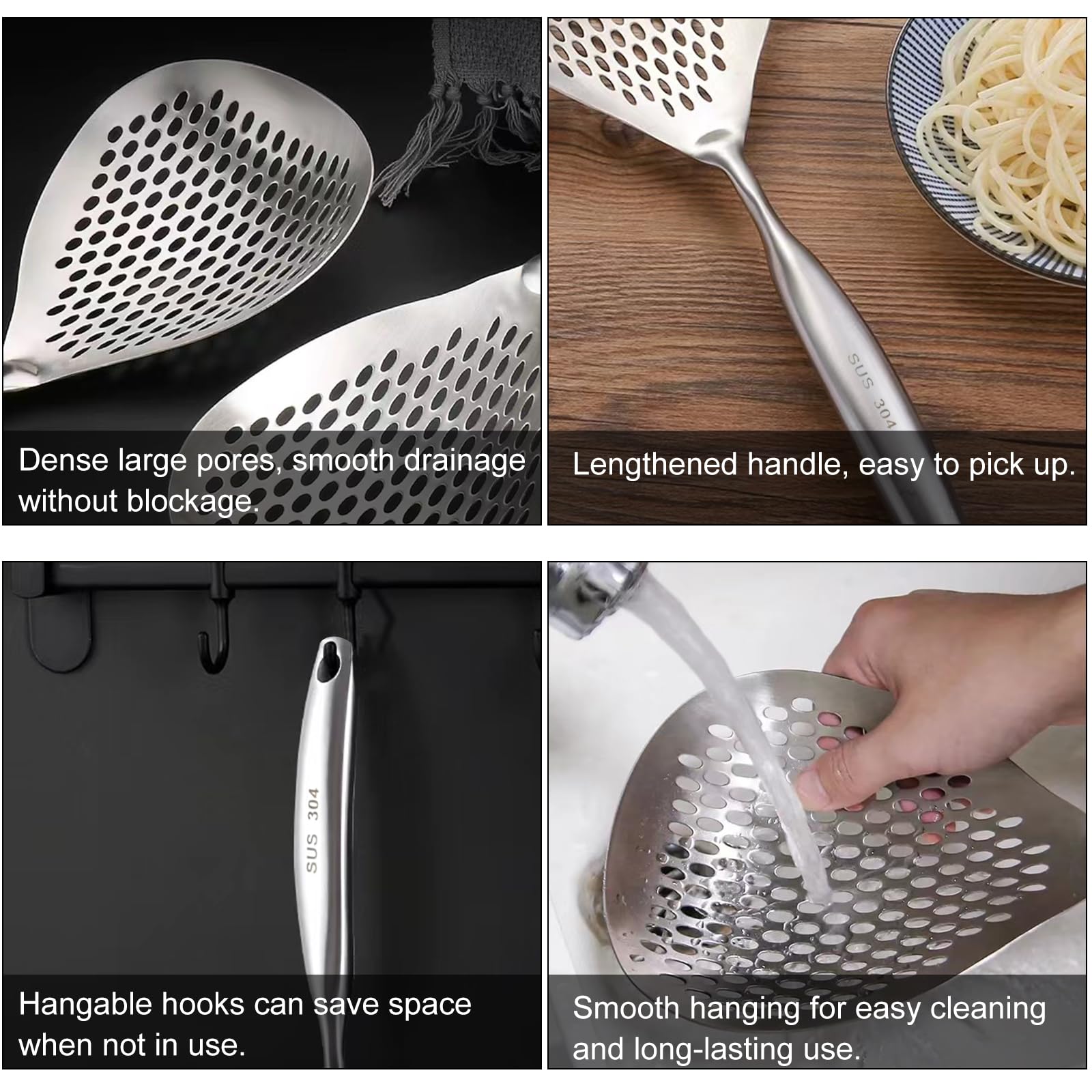 Skimmer Spoon, 304 Stainless Steel Slotted Spoon, Ladle Strainer Pasta Scoop with 8mm Holes - Image 3