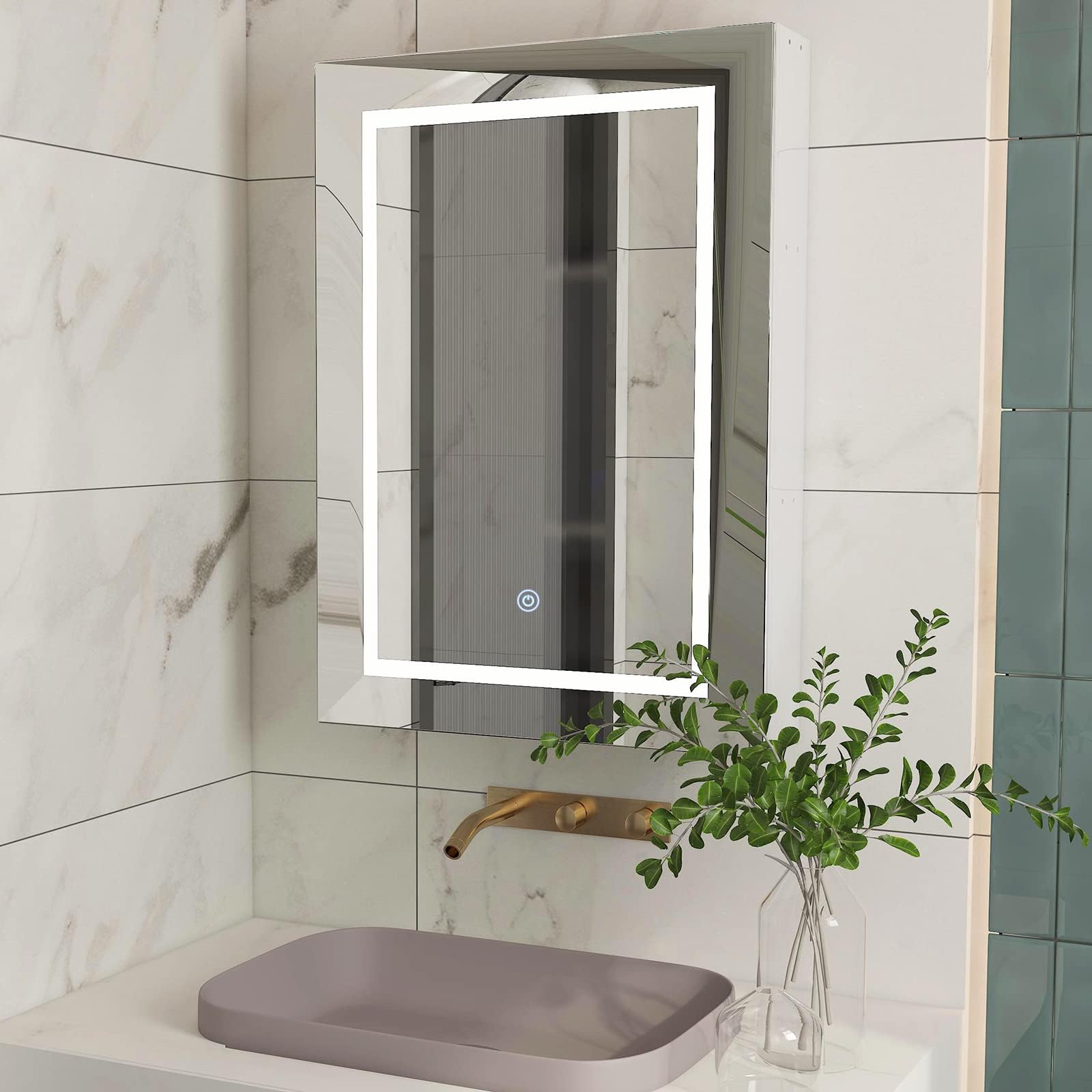 Badezimmer-Medizinschrank mit Lichtern, LED-Medizinschrank mit Spiegel, Spiegelschrank mit Beleuchtung, Dimmer, Smart-Touch-Sensor-Steuerung, 50x70x13 cm