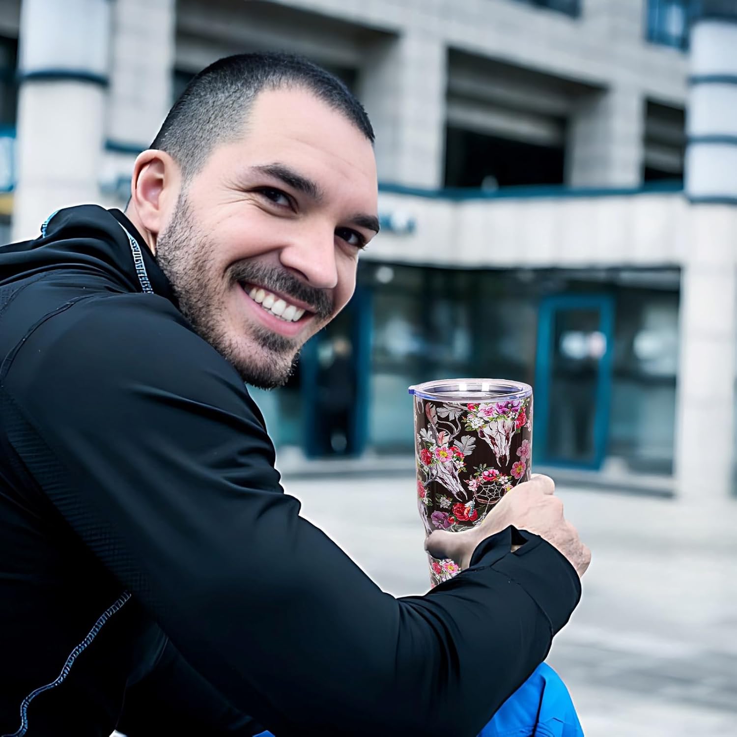 30oz Floral Stainless Steel Tumblers Travel Mug with Lid Vacuum Double Wall Insulation Drinking Cup Western CowCompound festival Gifts for Women (Black Bullskull) - Image 7