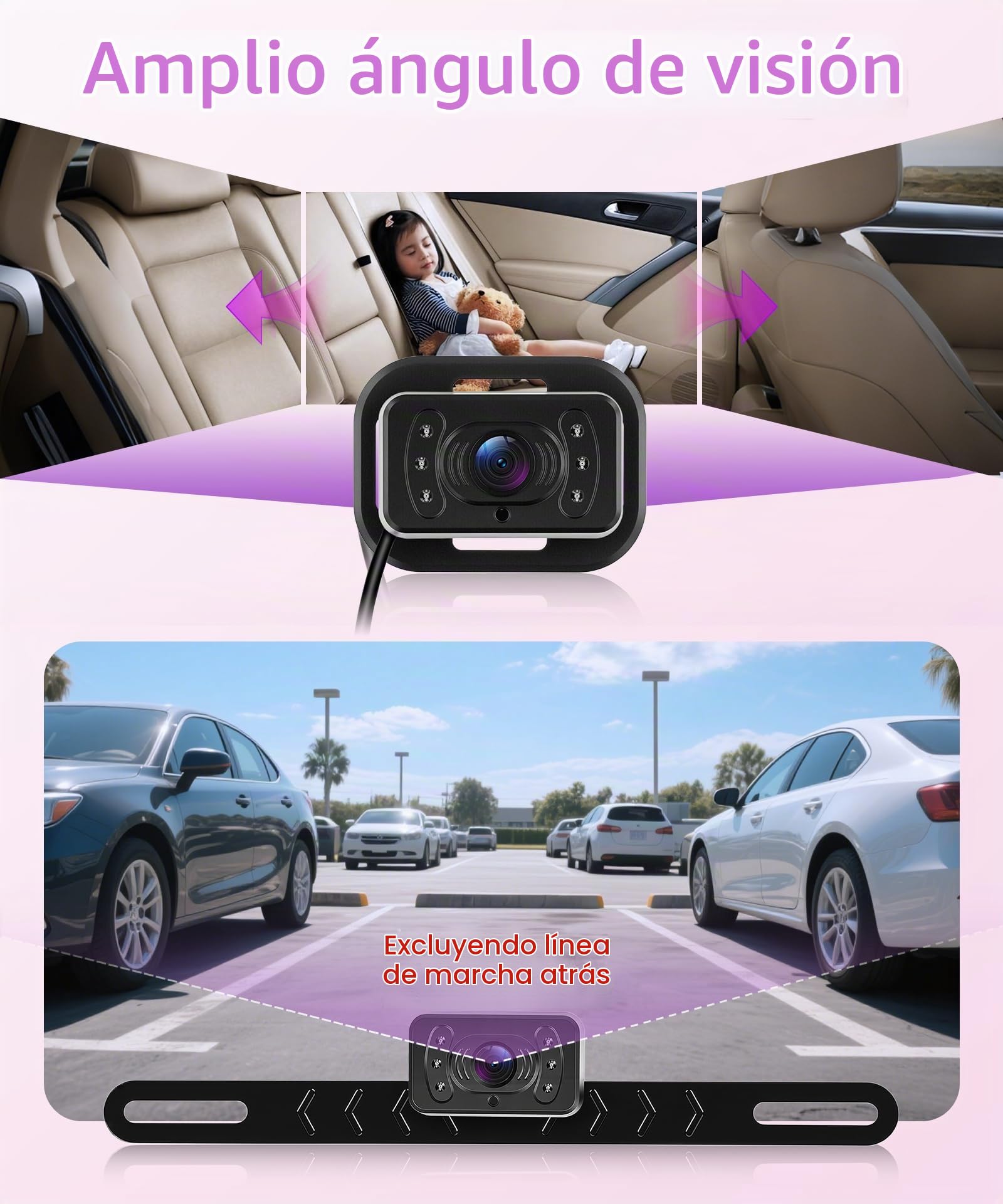 Rimoody Cámara de Coche para bebé con Cámara de Marcha Atrás con Matrícula, 6.86 Pulgadas Pantalla Dividida, Espejo de Coche para bebés con IR Visión Nocturna, 360° Giratoria Espejo Retrovisor de Bebé