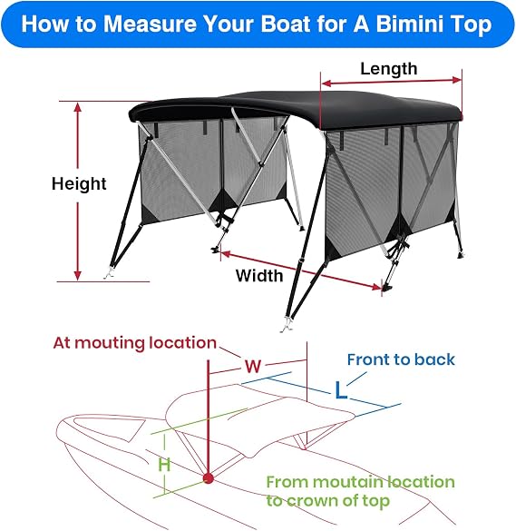 Bimini Top for Boats Boat Canopy with Mesh Sidewalls (Black,3 Bow 67-72W)
