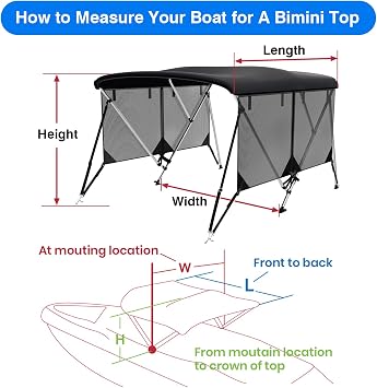 Bimini Top for Boats Boat Canopy with Mesh Sidewalls (Black,3 Bow 67-72W)