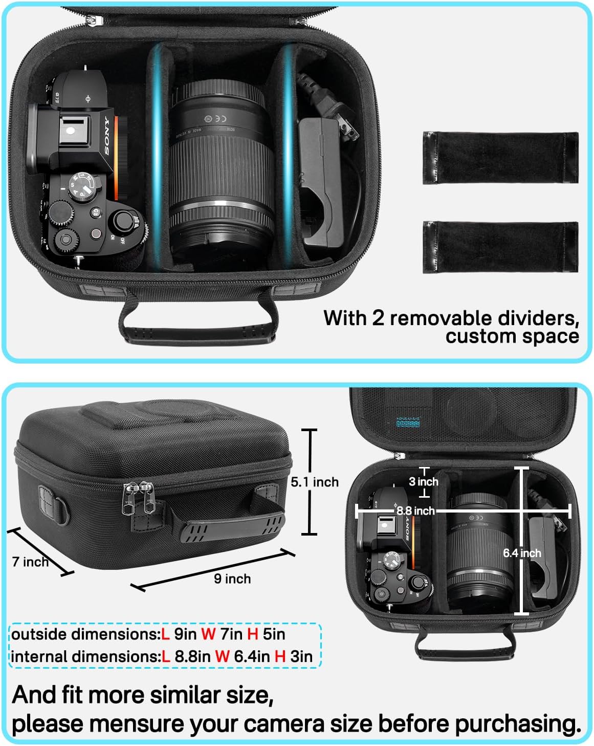 RAIACE Hard Case Compatible with Sony Alpha 7 II III IV/7R V Camera, for Nikon, for Canon, for Pentax and More. Mesh Pocket for Charger, Cables, Cards and Accessories. (case only) - Black - Image 4