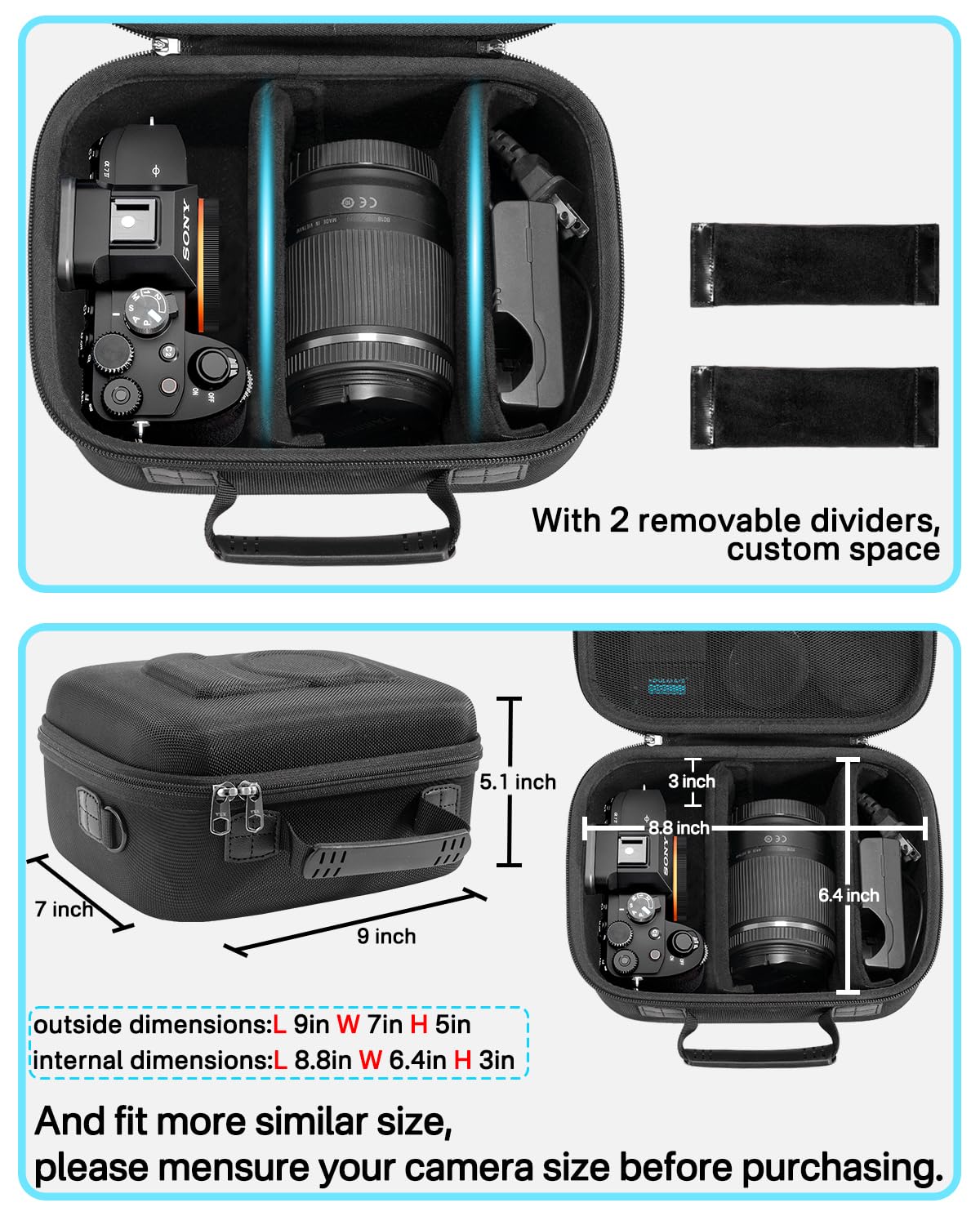 RAIACE Hartschalenetui kompatibel mit der Sony Alpha 7 II III IV/7R V Kamera, für Nikon, Canon, Pentax und mehr. Netzfach für Ladegerät, Kabel, Karten und Zubehör. (Nur Etui) – Schwarz