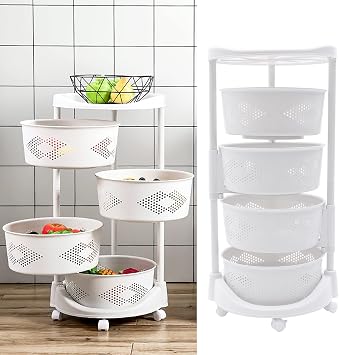180 Rotating Kitchen Storage Carts, Kitchen Storage Shelf with Wheels, Fruit Vegetable Storage Basket, Adjustable Height Kitchen Storage Rack Floor-Standing 4 Tier