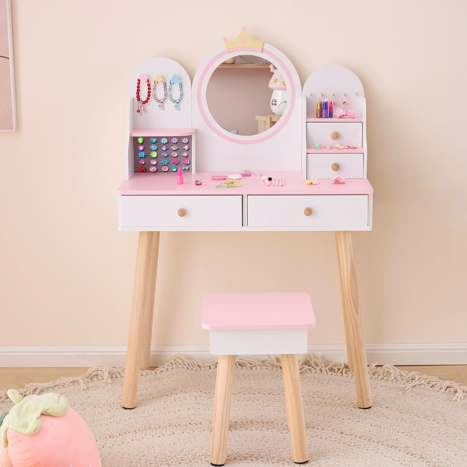 LALAHO Coiffeuse pour Enfants，Coiffeuse Fille avec Tabouret，4 Tiroirs en Bois, Crochets à Bijoux，pour Les 4-9 Ans (Blanc & Rose)
