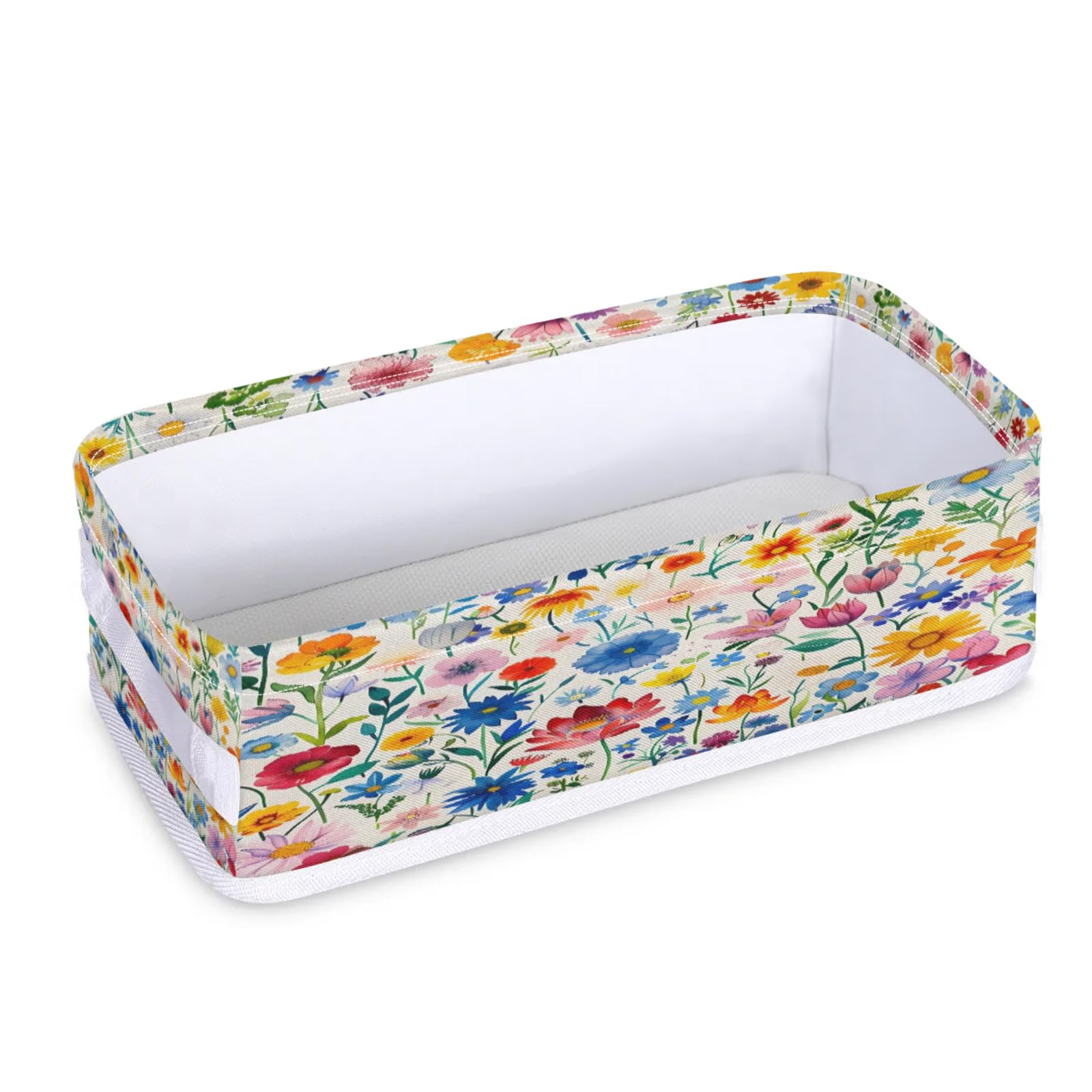 Tablerazzi Toilet Tank Topper Paper Basket with Handle, Colorful Flower Wildflower Watercolor Bathroom Storage Basket for Organizing, Small Fabric Storage Bins for Bathroom Decor