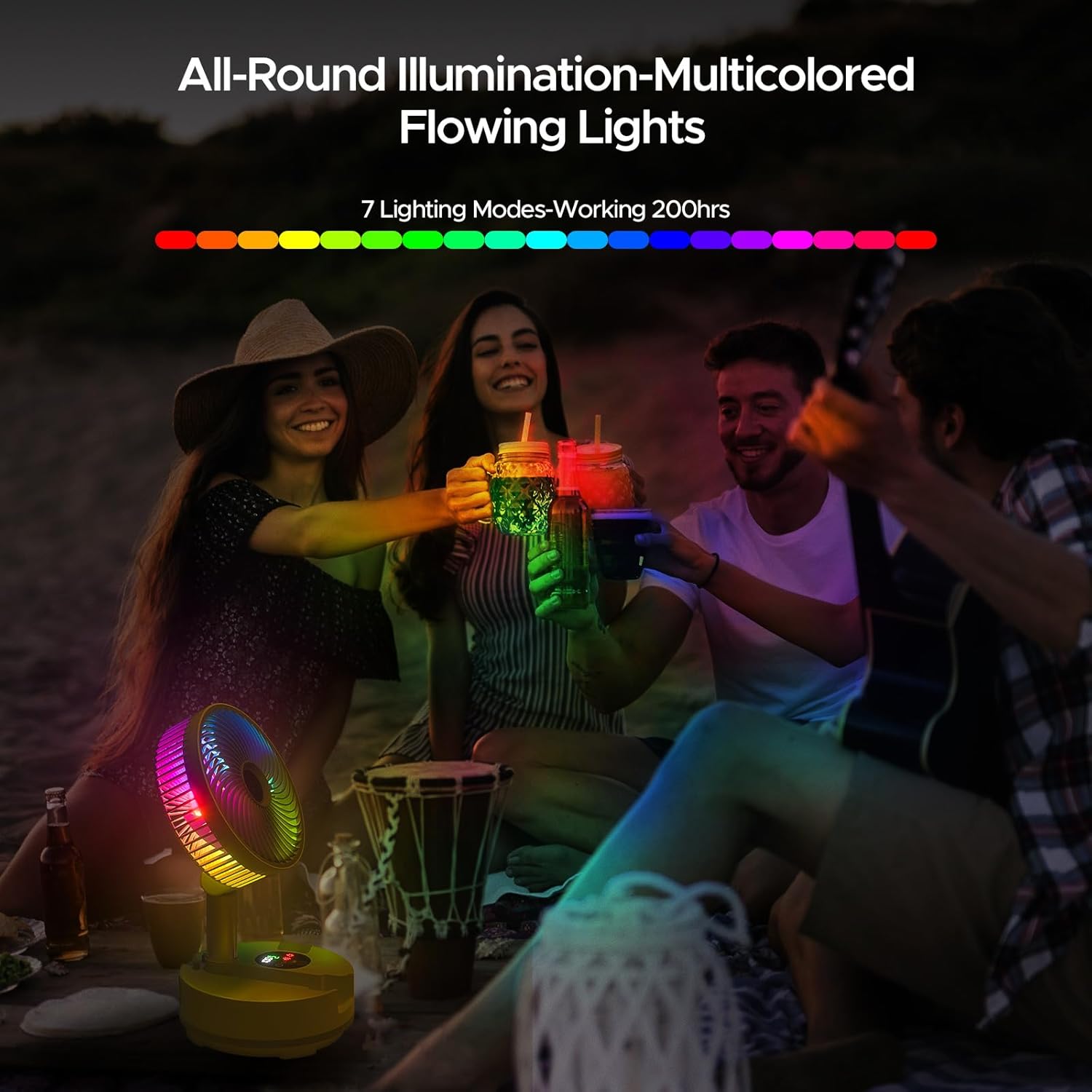 Creiv Pedestal Standing Fan, Rechargeable Oscillating with Remote/Timer, Portable RGB Lighting Fan, Floor Fan for Bedroom Party Camping (20000mAh)