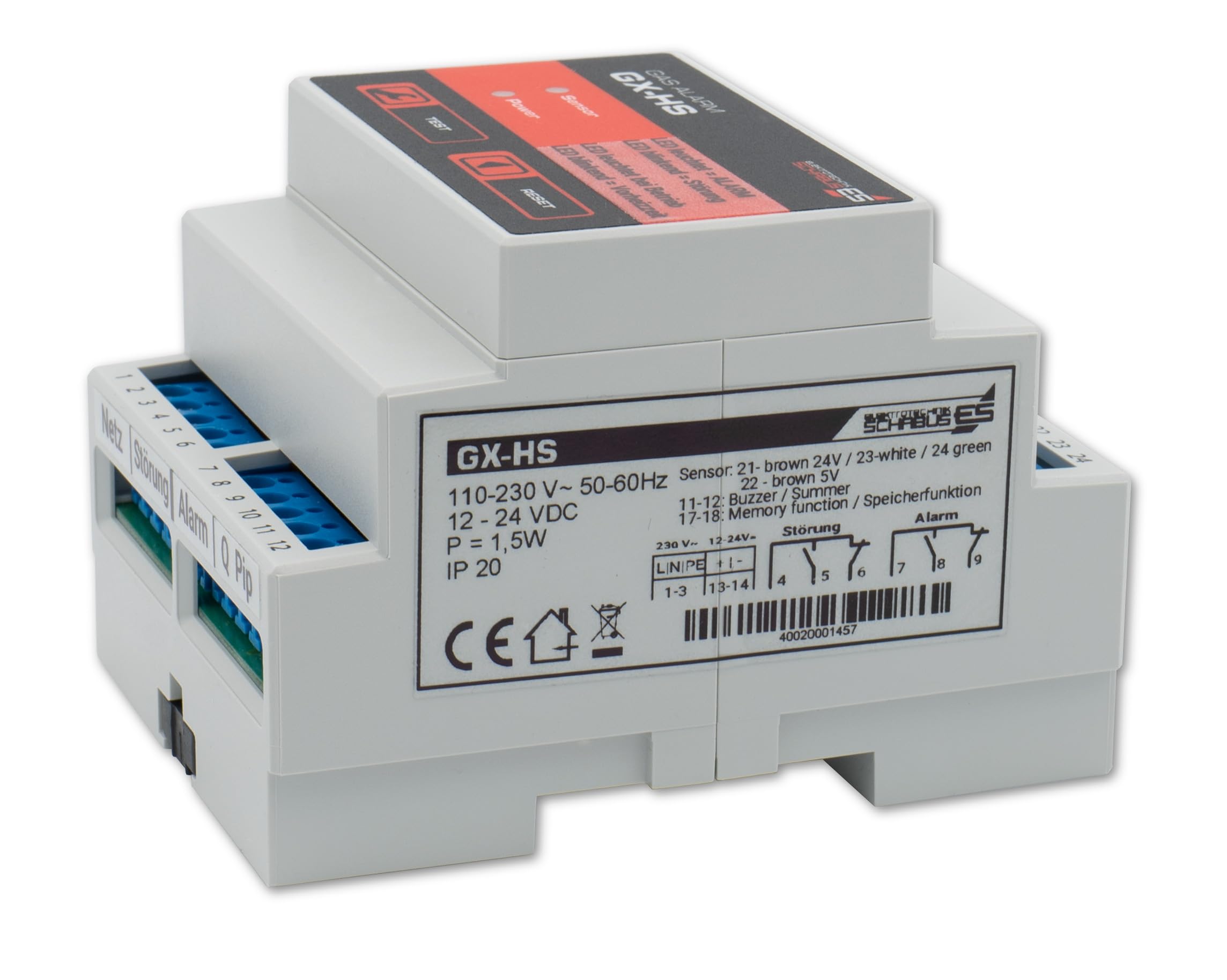 Schabus 400200 GX-HS Rilevatore di gas e monossido di carbonio alimentato a rete metano, butano, propano, etanolo, 1 W, 240 V, multicolore