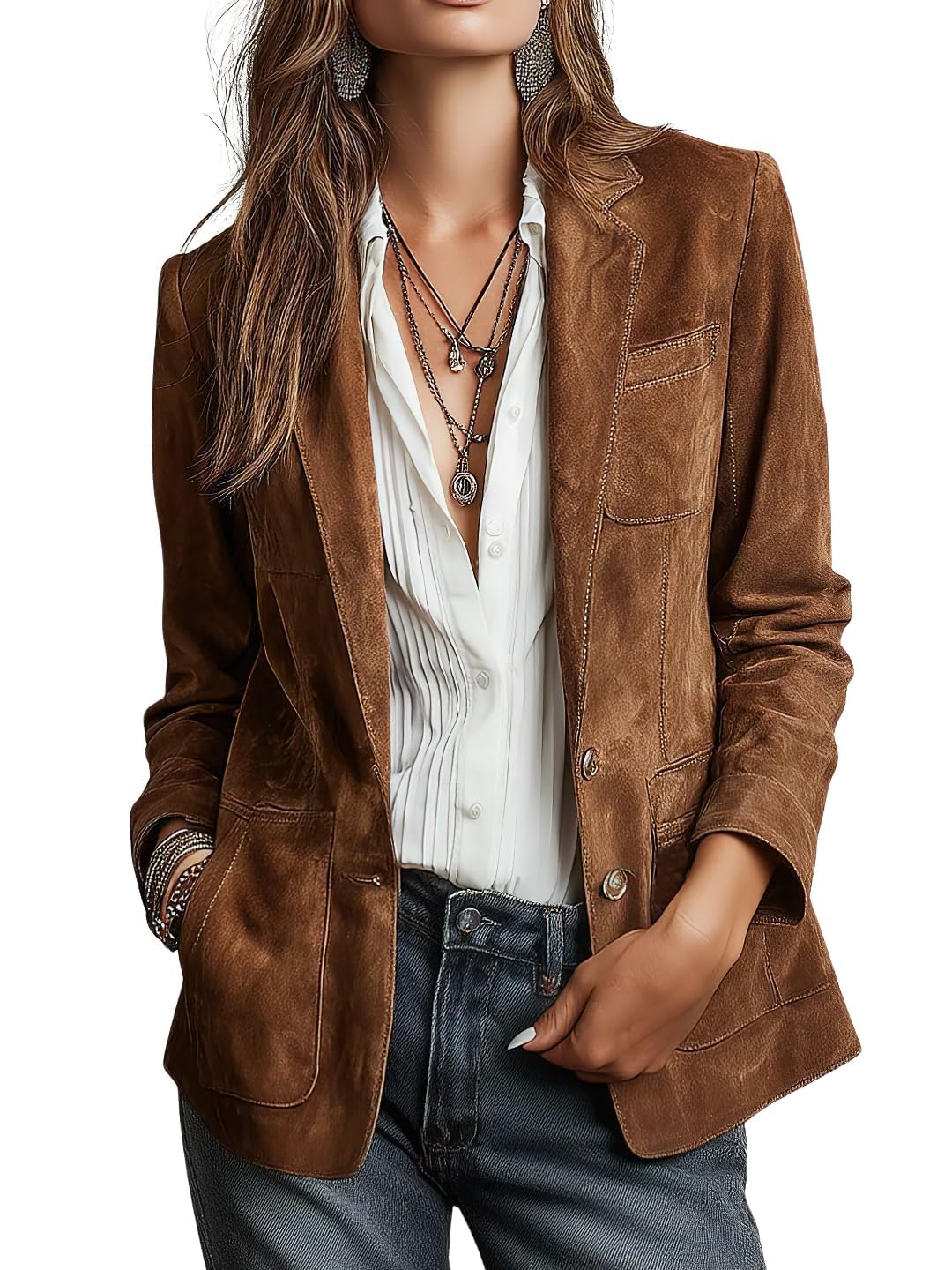 Womens Retro Faux Suede Leather Blazer Notched Collar Business Casual Coat Work Dressy Style