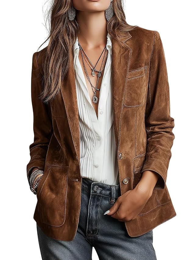 Womens Retro Faux Suede Leather Blazer Notched Collar Business Casual Coat Work Dressy Style