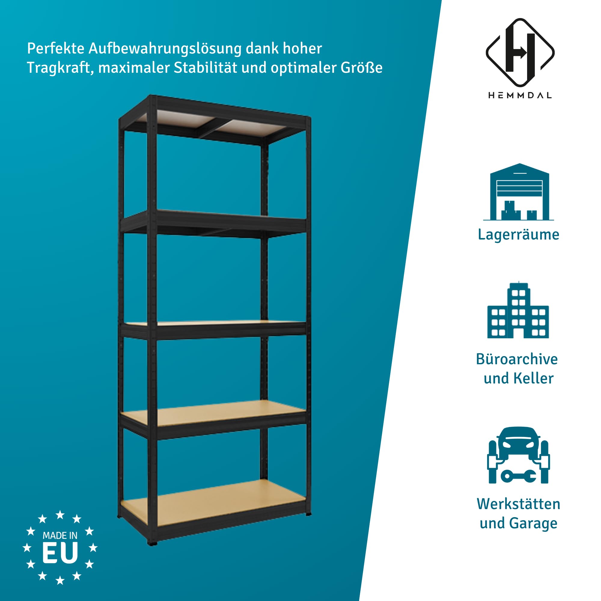 HEMMDAL Schwerlastregal Typ S+ - HxBxT 180 x 90 x 60 cm - Schwarz - 750 kg Tragkraft - Steckregal mit 5 Böden - 150 kg Fachlast - Made in EU - stabiles Metallregal - Lagerregal - Werkstattregal
