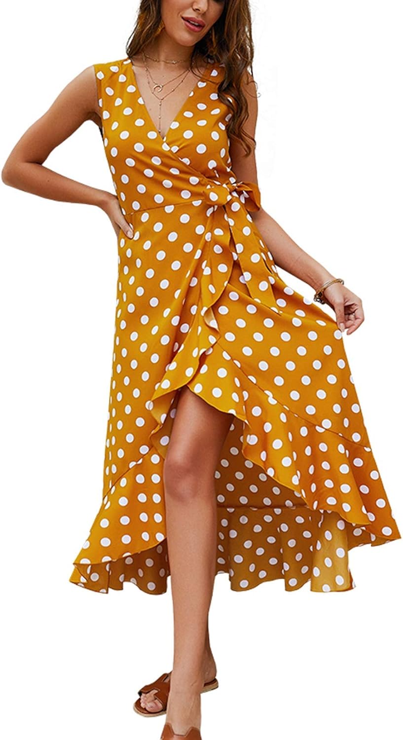 Lu's Chic Women's Wrap Dresses Sleeveless V Neck Polka Dot Boho Ruffle Long Maxi Dress Yellow M