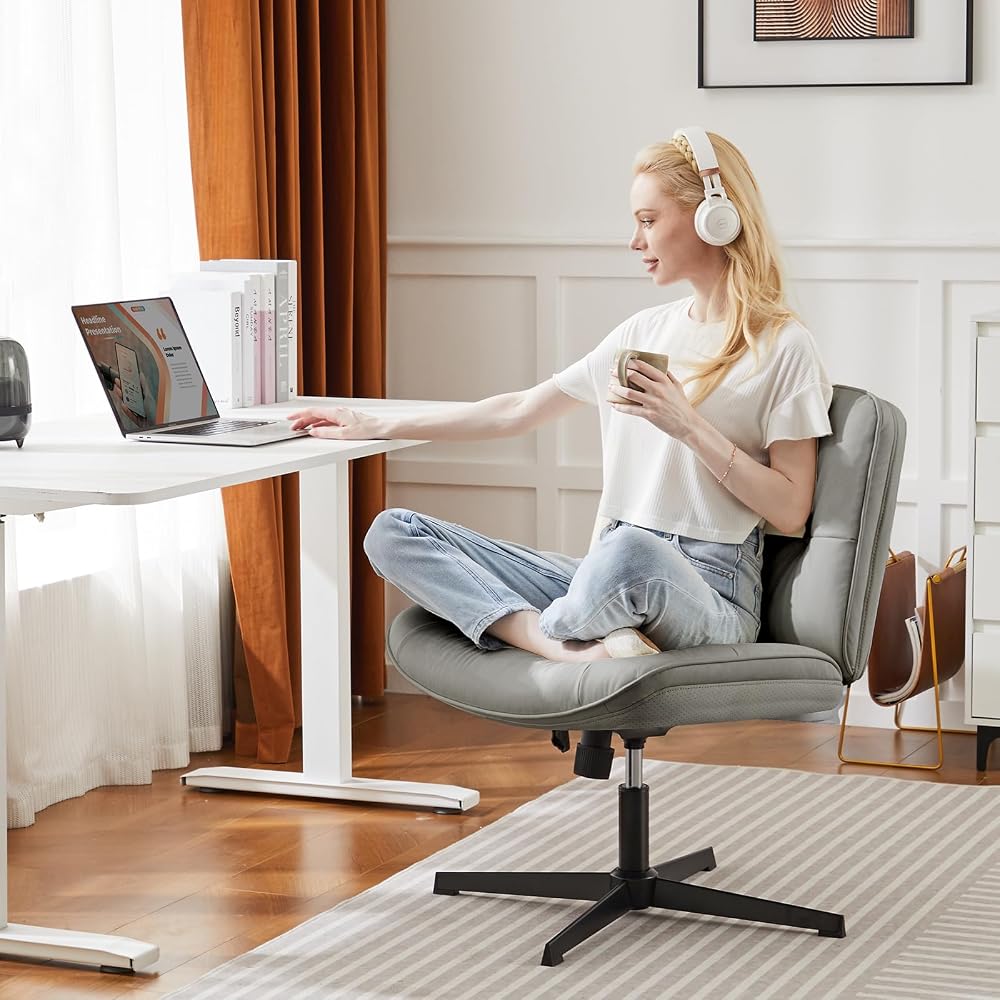 OLIXIS Criss Cross Chair Without Wheels, Cross Legged Office Chair, Armless Wide Vanity Desk Chair with Comfy PU Leather& Back - Swivel for Home Office Bedroom, Gray