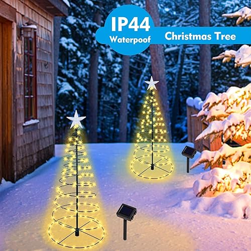 Miniatura 3 de Dynaming Paquete de 2 árboles de Navidad solares en espiral con luces blancas cálidas, marcadores de camino de Navidad iluminados al aire libre de