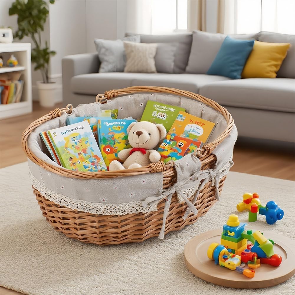 Large Wicker Picnic Basket with Handles,Handle Sturdy Woven Body with Removable and Washable Lining,Outdoor Camping,Gift Packing,Garden Picking, Storage.White Flower