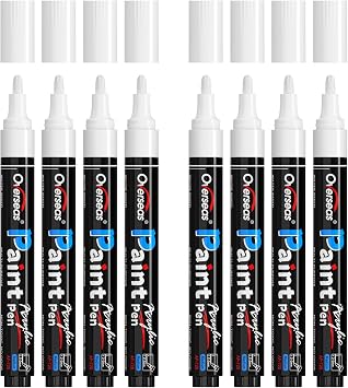 Overseas White Acrylic Paint Markers 8 Pack, Medium Tip Paint Pens | Waterproof, Quick Dry, Fade Resistant, Non Toxic, Water Based Permanent Marker for Wood, Rock, Metal, Glass, Plastic, Canvas