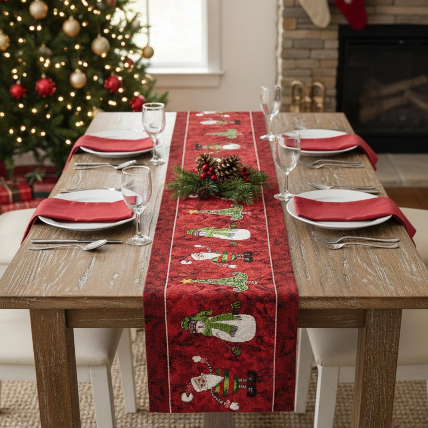 Tache Here Comes Santa Claus Antique Vintage Christmas Eve Traditional Holiday Season Red Decorative Woven Tapestry Table Runners, 13 x 90