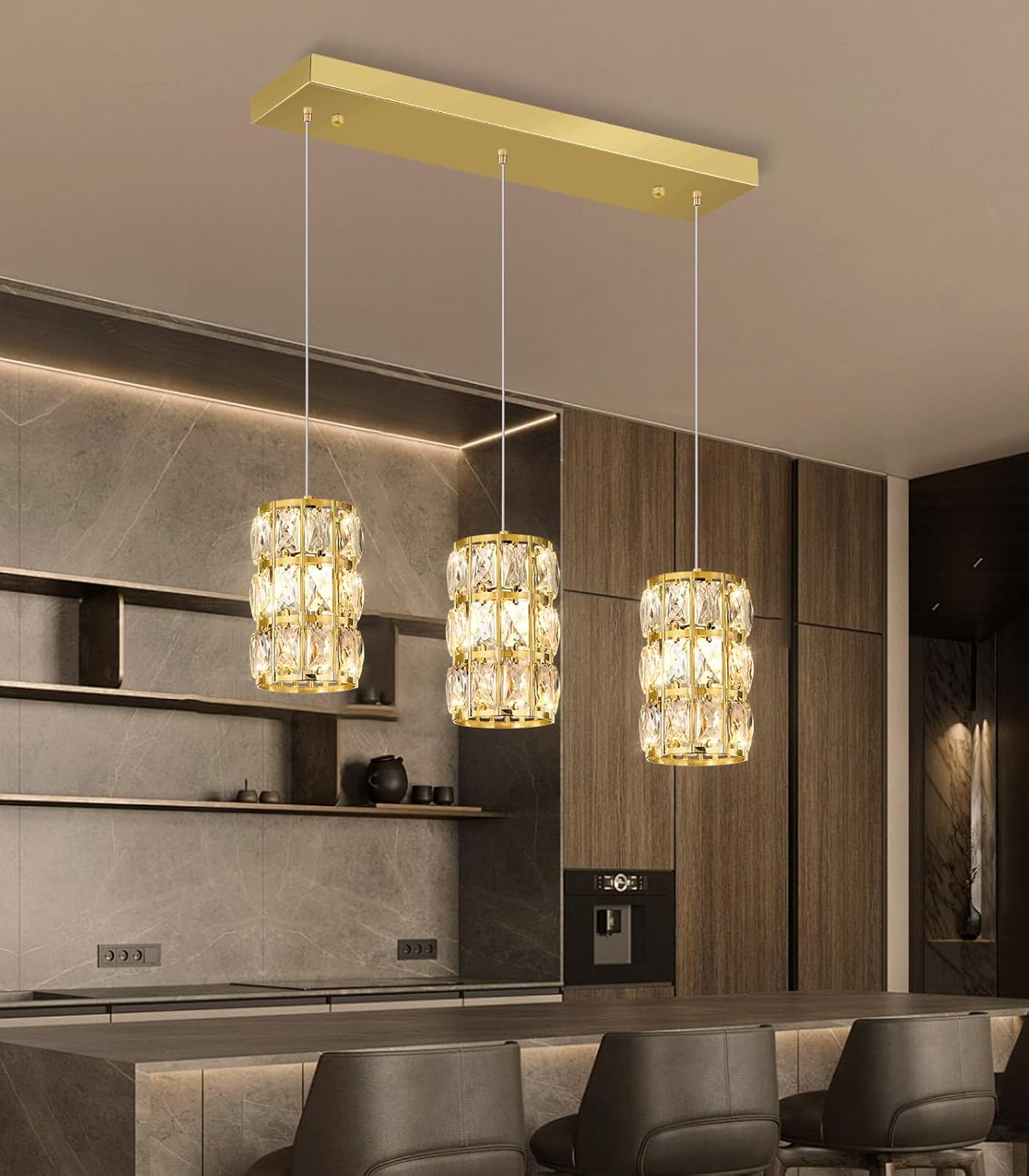 3-Lights Rectangle Modern Crystal Pendant Lights for Kitchen Island LED Dimmable Glam Pendant Lighting Chandelier for Dining Room Hallway Corner Lamp Gold