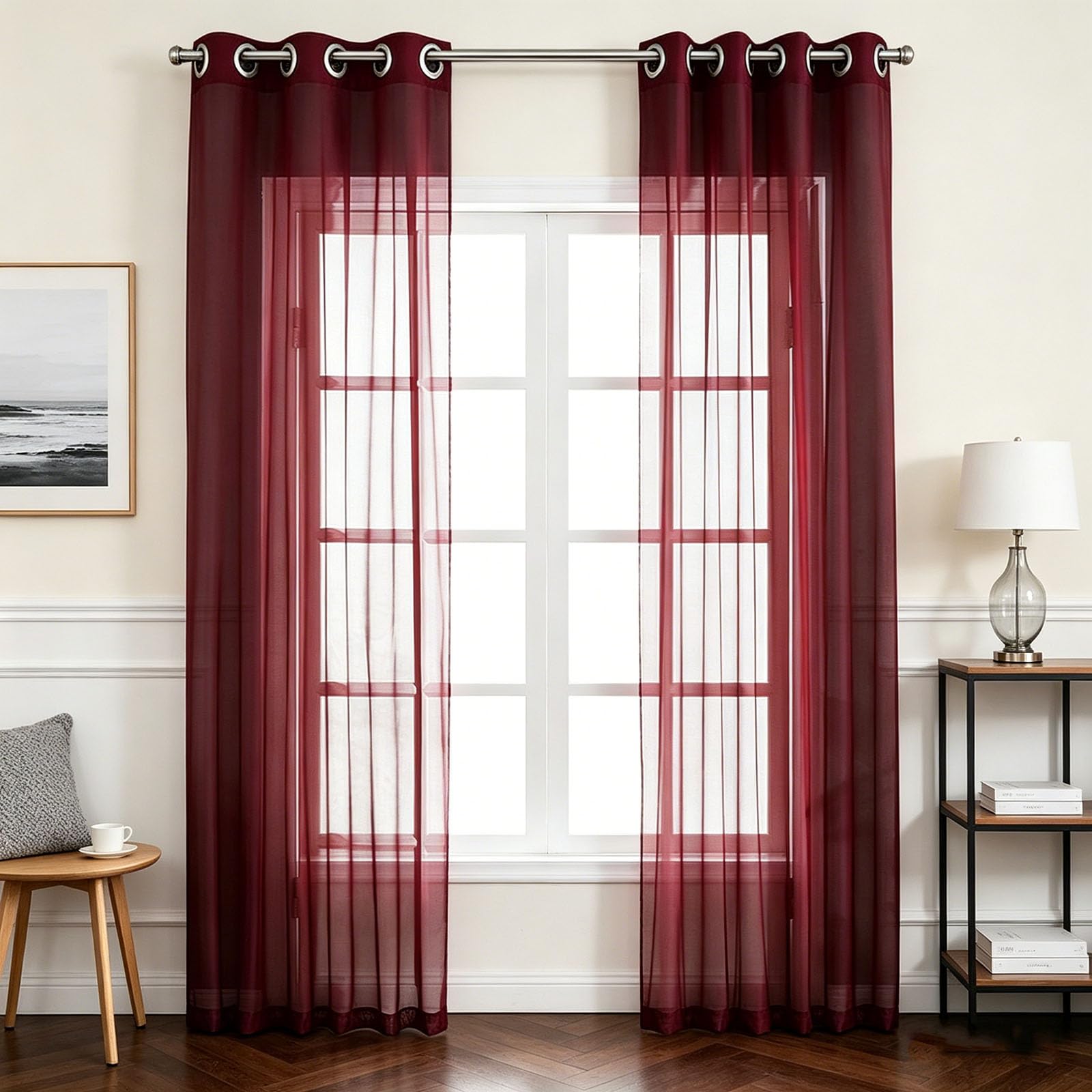 Rideaux voilages salon 200 x 195 cm rouge en tulle transparent effet lin