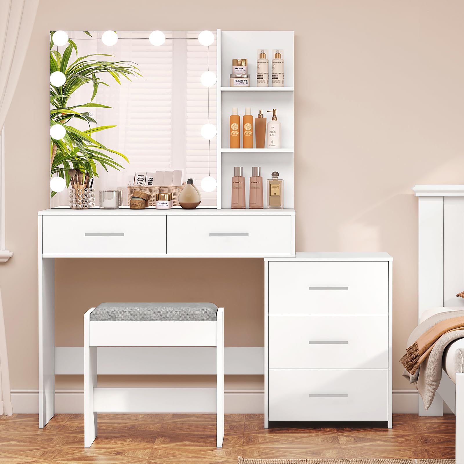 USIKEY White Large Vanity Desk with Mirror & 10 LED Lights, 5 Drawers & Storage Shelves