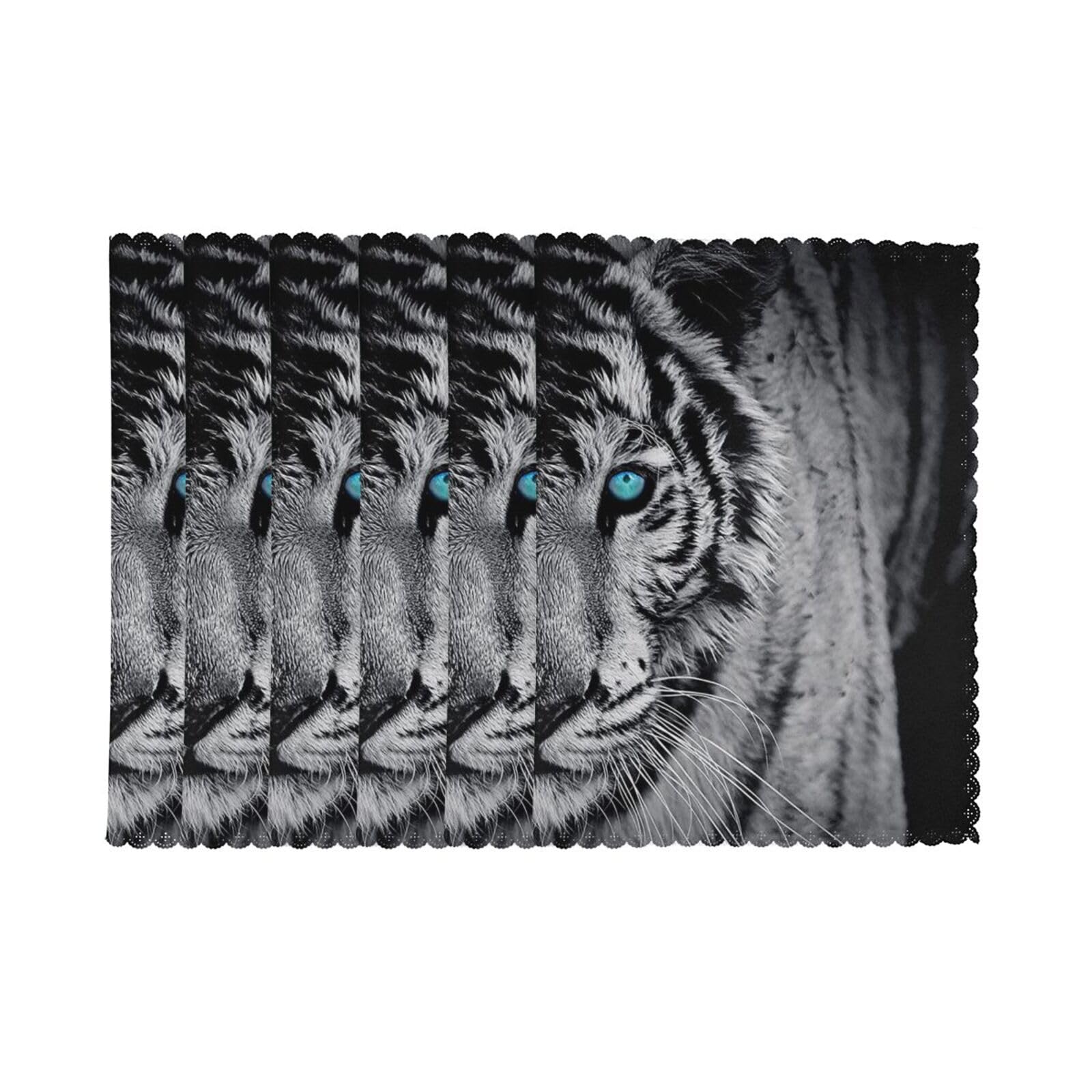 6 PCS Heat Resistant Placemat 45x30 CM, White tiger Printed Non-Slip Place Mats for Kitchen Dining Table Indoor Outdoor