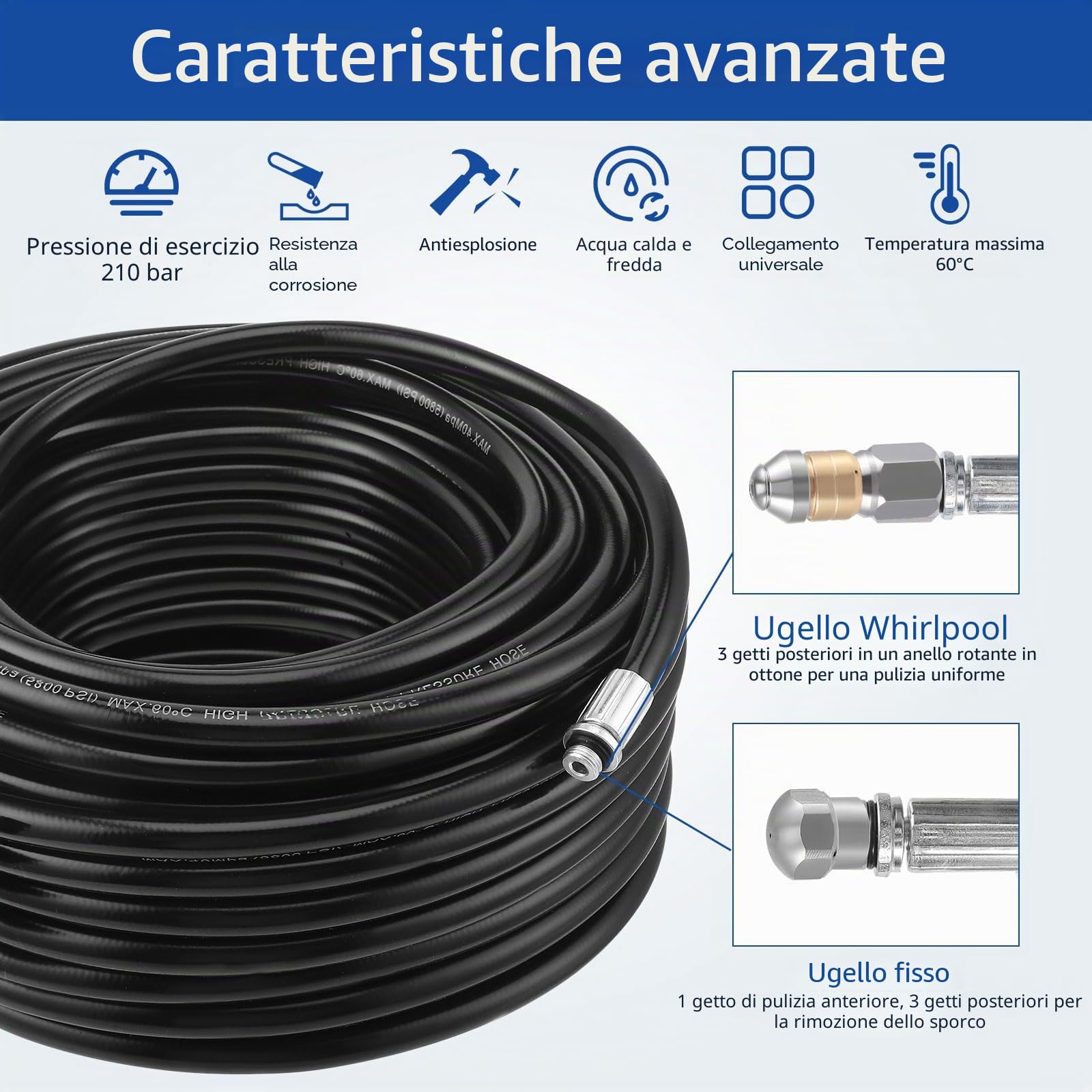Sonda Sturatubi per Idropulitrice, 30M Tubo per Idropulitrice 400 Bar/5800 PSI con 3 Adattatori, 2 Ugelli e 1 Nastro in Teflon, Compatibile con Kärcher K2-K7, Lavor, Bosch, Parkside per Uso Domestico