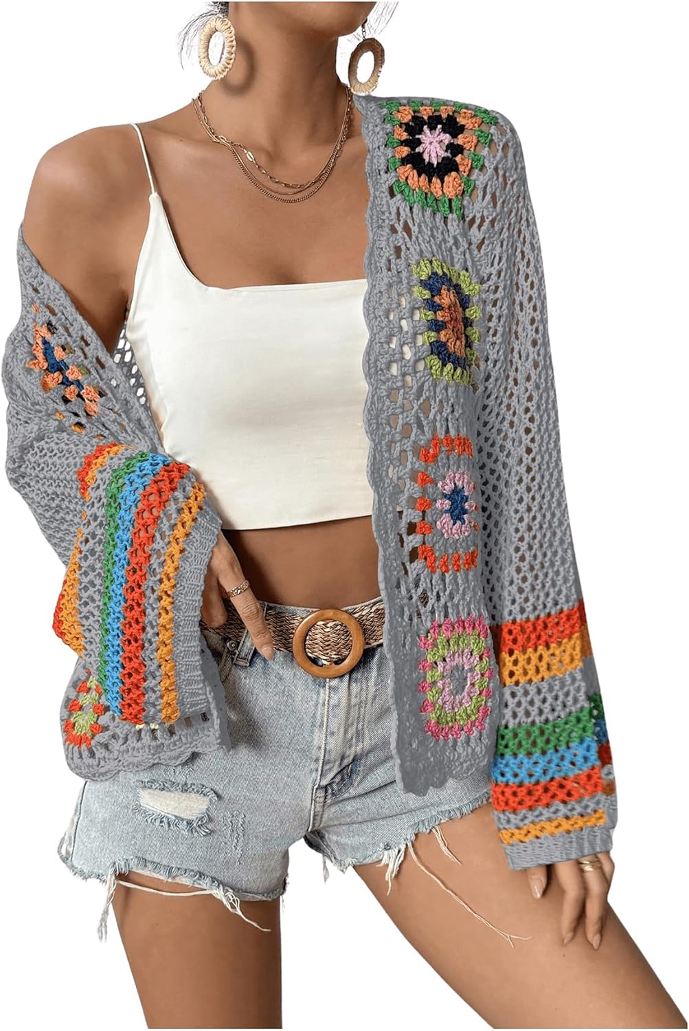 SHENHE Women's Floral Crochet Cardigan Hollow Out Open Front Long Sleeve Cardigan Sweater - Image 4